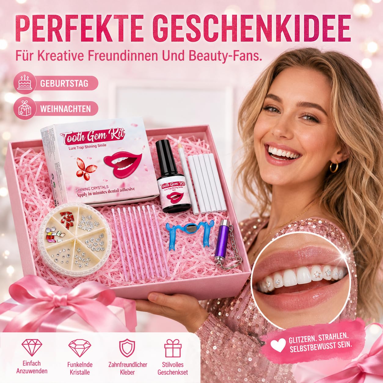 Tooth Gem Kit Komplett-Set, 120 Funkelnde Zahnschmuck Steine mit UV-Lampe & Kleber, DIY Zahnschmuck Set Für Zuhause, Auch für Nagelkunst & Handy Deko, für Party Cosplay, Geschenkidee für Frauen (Rosa)