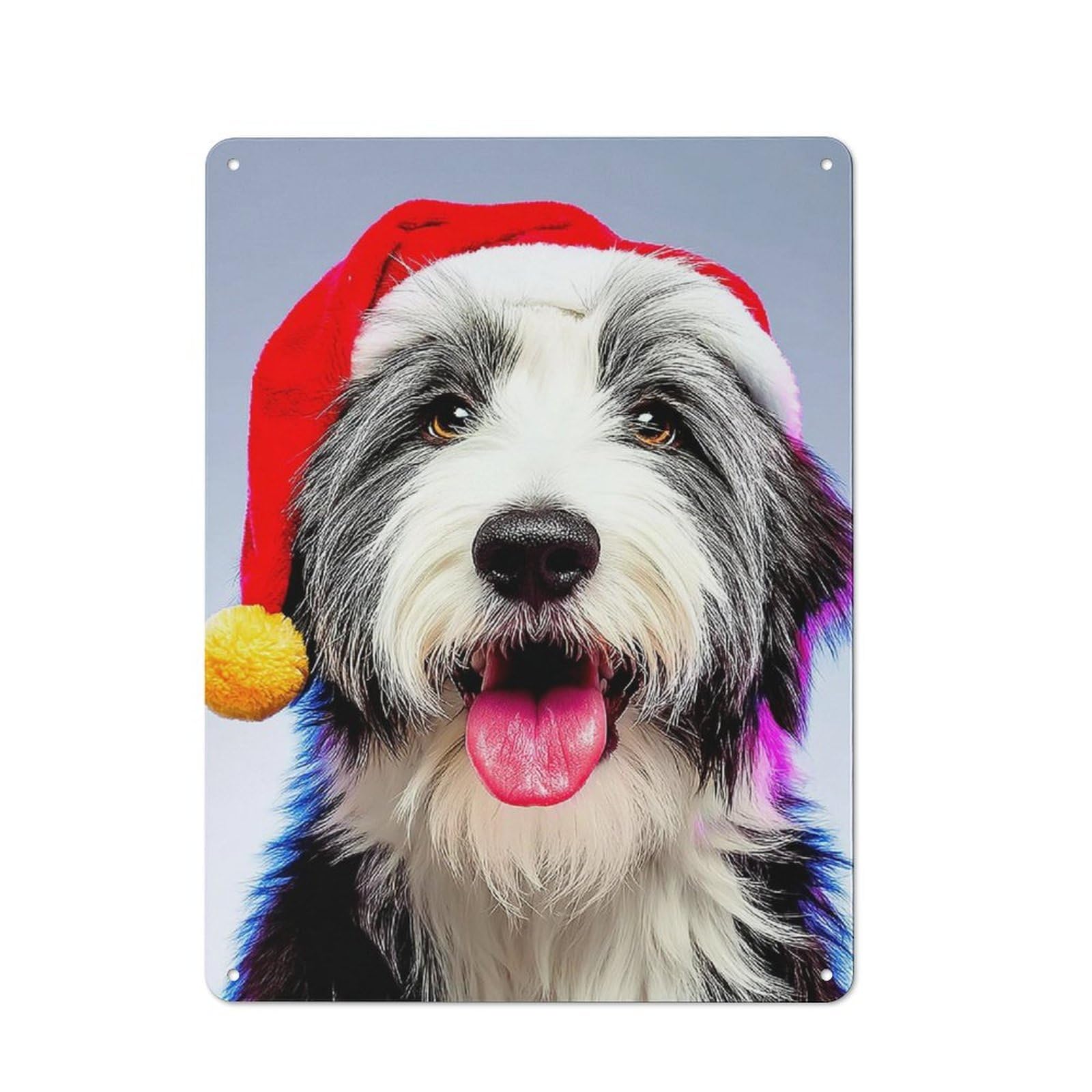 Junmoney Christmas Pup In Santa Hat Retro Tin Wall Plaque 40X30cm For Garage Or Workshop, A Metal Wall Feature For Garages And Tool Rooms