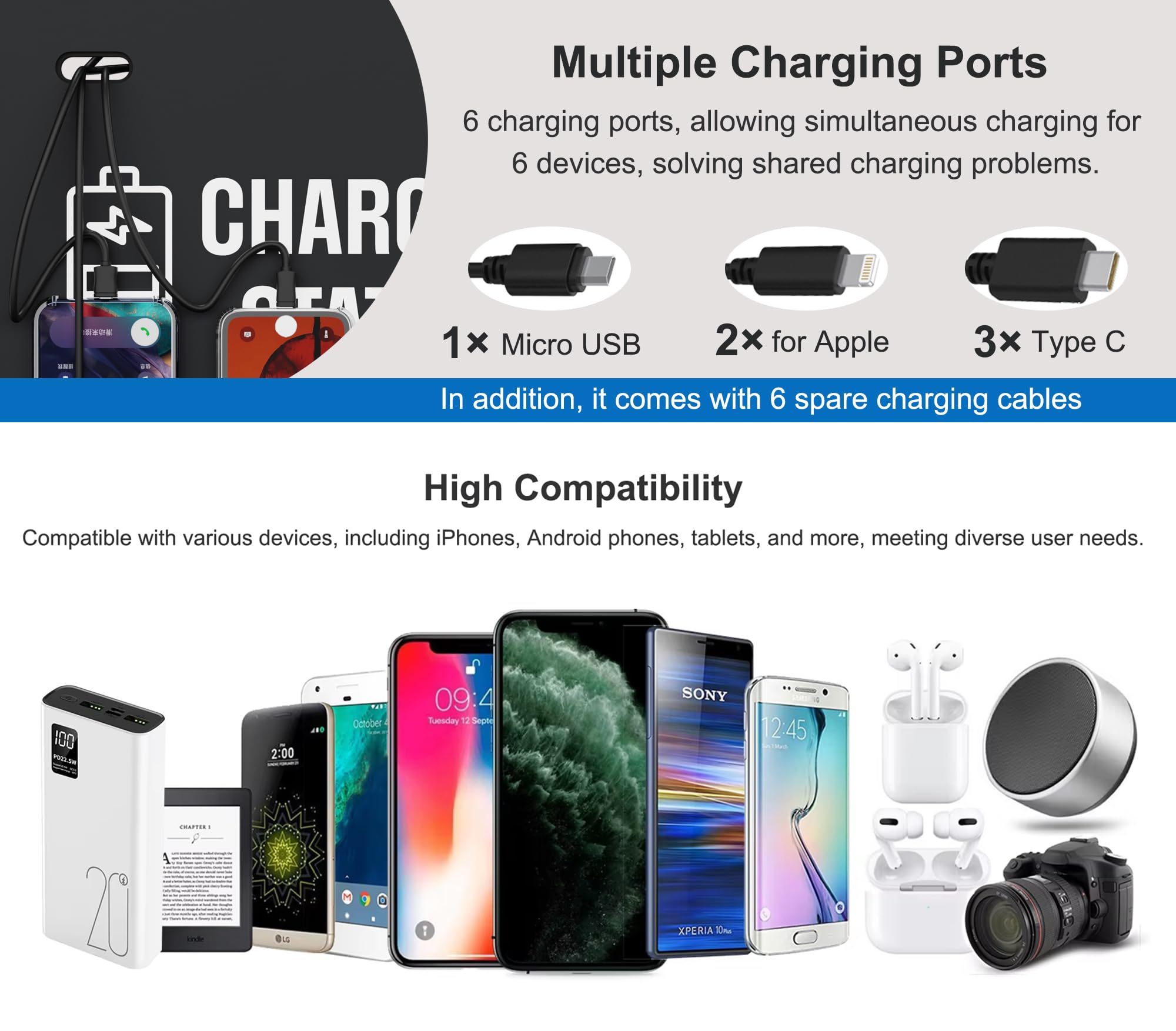 Mini estación de carga de teléfono celular de 6 puertos compatible con 3 tipos C, 2 Apple, 1 micro USB, ideal para hospital, ayuntamiento, refugio, banco, hotel, gimnasio, aeropuerto, estadio, parque,