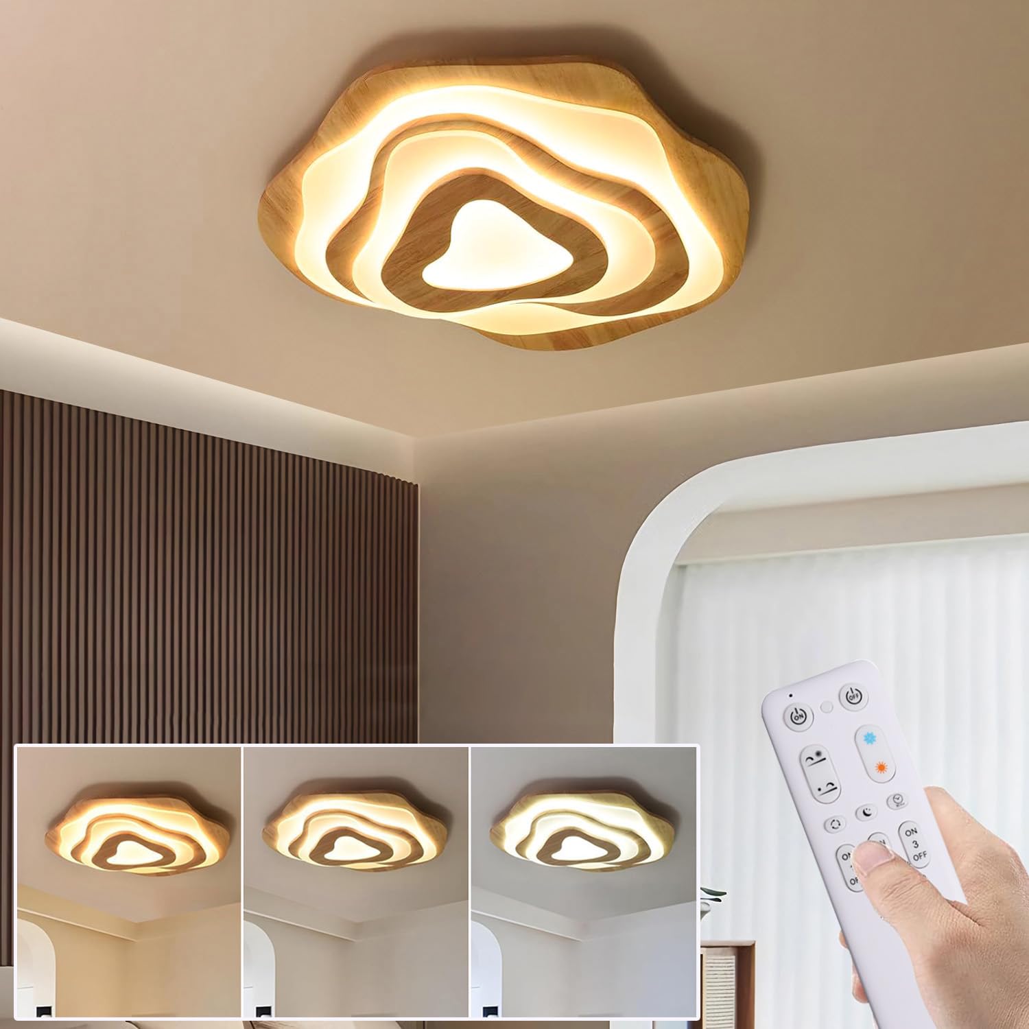 LED Deckenlampe Holz Dimmbar Wohnzimmer Deckenlampe mit Fernbedienung, 60cm | 50W Wohnzimmerlampe Schlafzimmerlampe aus Holz+Acryl, Mit Nachtlicht Memory-Funktion Holzlampe , für Esszimmer, Kinderzimmer