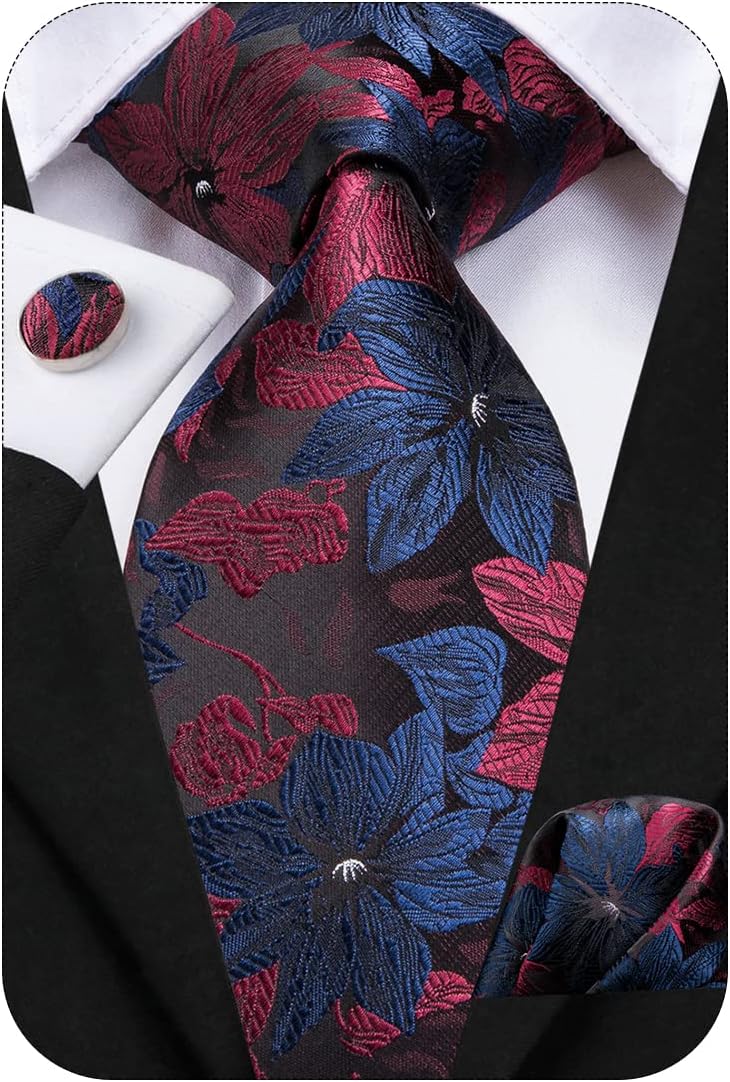Hi-Tie 63" 70" Ties for Men Silk Extra Long Mens Ties Set and Pocket Square Cufflinks Paisley Necktie Business Wedding