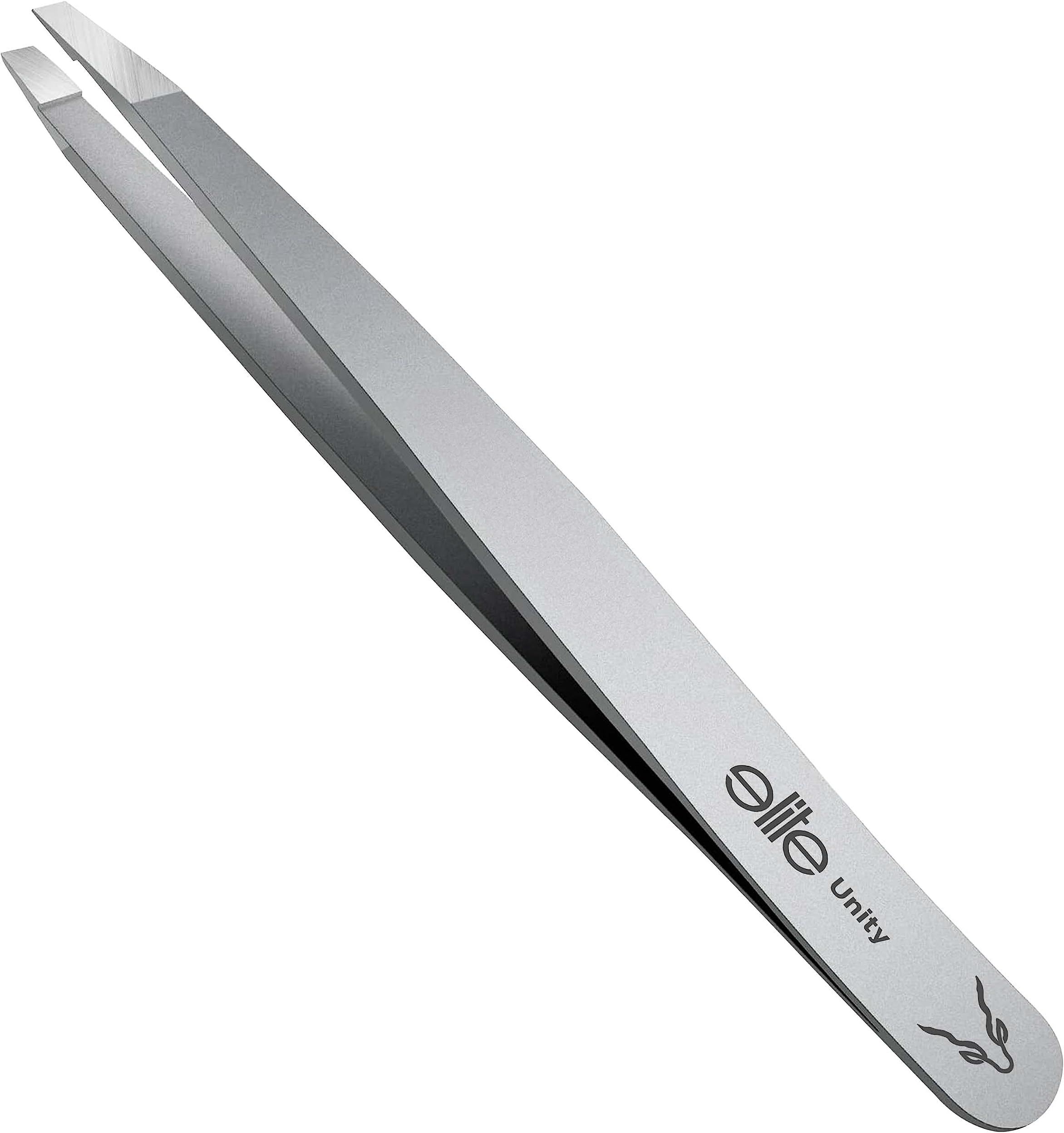 Elite UnityTweezer - Effortlessly Shape and Define Your Brows with our Professional Quality Stainless Steel Slant Tweezer - Precision Hair Removal with Strong Grip and Ergonomic Design (Grey)