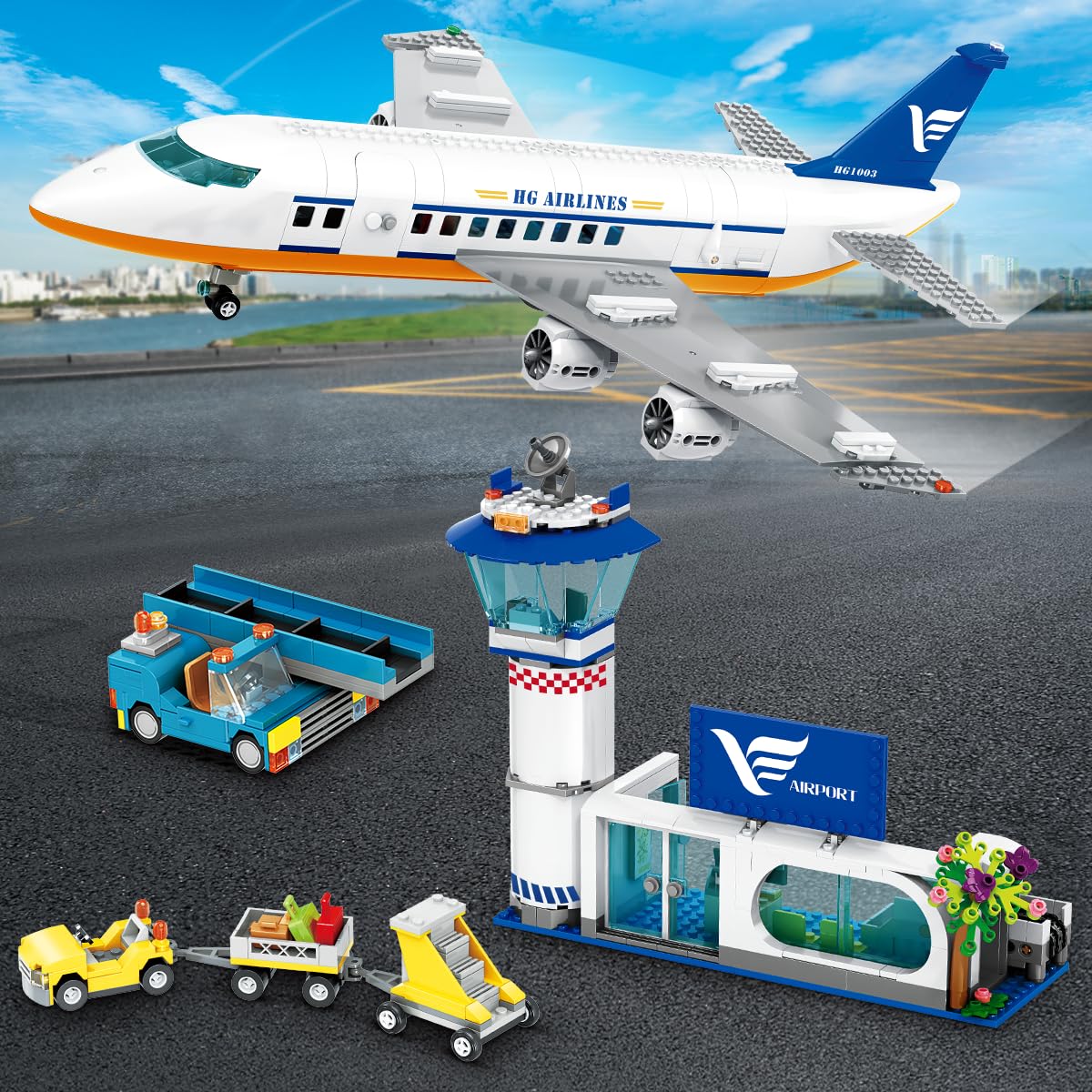 CUBIMANA 53.5CM Großes Passagierflugzeug Bausatz mit LED-Licht für Kinder | 2 Gepäckwagen, Terminal & Radarturm, Weihnachts- und Geburtstagsgeschenk für Erwachsene und Kinder ab 6 Jahren