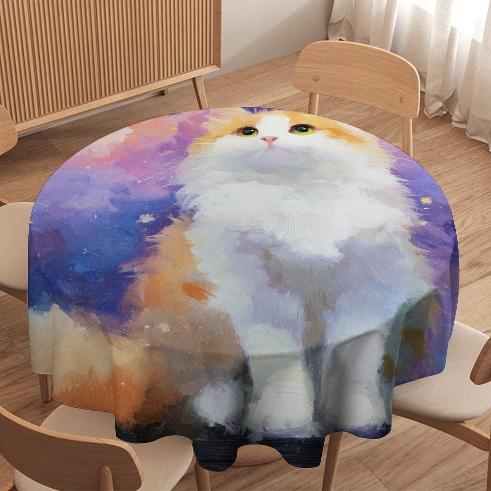 LUYYSKY Cute Oil Painting Pet Kitten Round Tablecloth Modern Classic Starry Sky Galaxy Animal Cat Print Washable Decor for Table Cover for Kitchen-177.8" Wx177.8 L cm