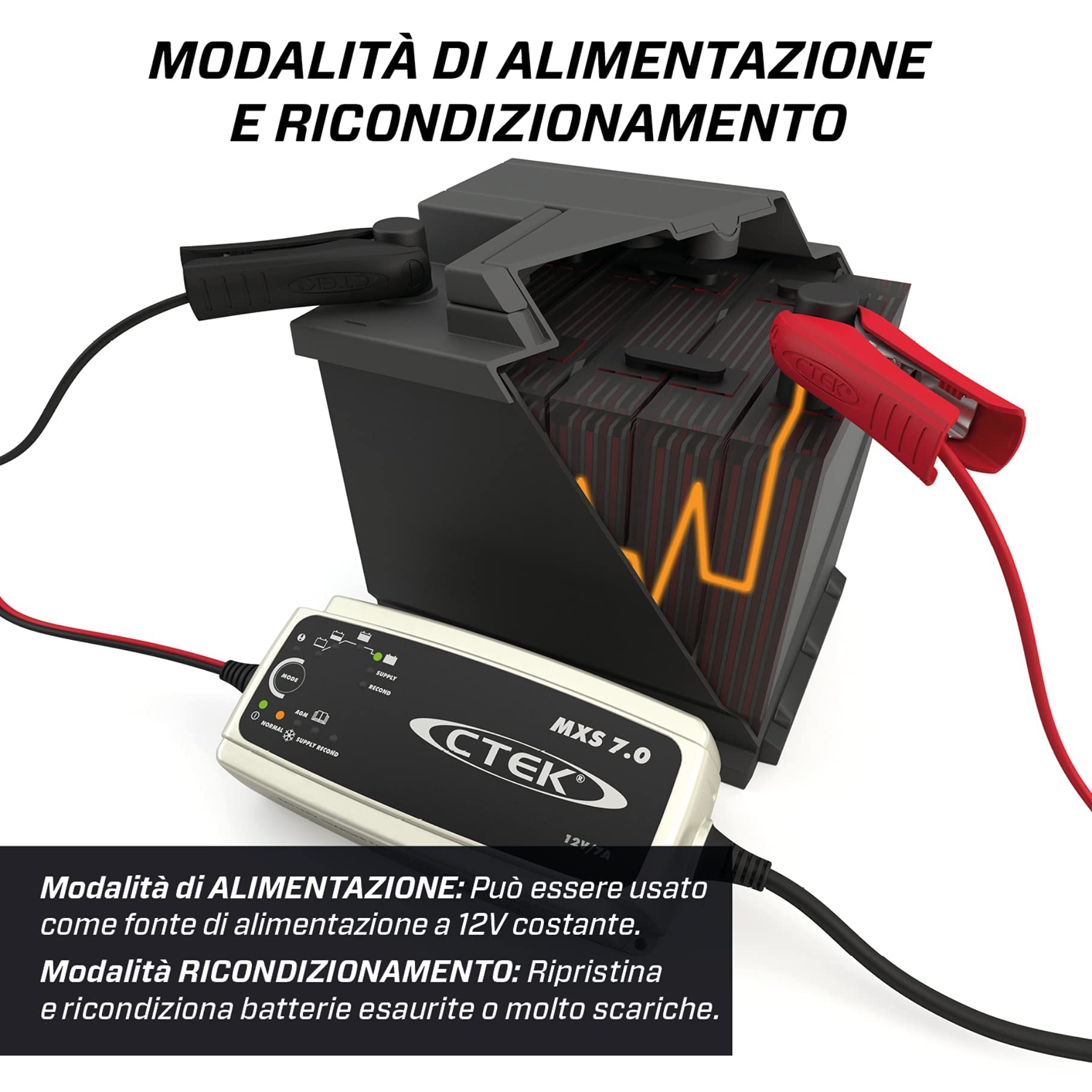 CTEK MXS 7.0 Caricabatterie 12V 7A per Batterie di Veicoli più Grandi, Caricabatterie Auto, Roulotte, Barca E Caravan, Desolfatore con Funzione di Alimentazione E Opzione AGM Dedicata