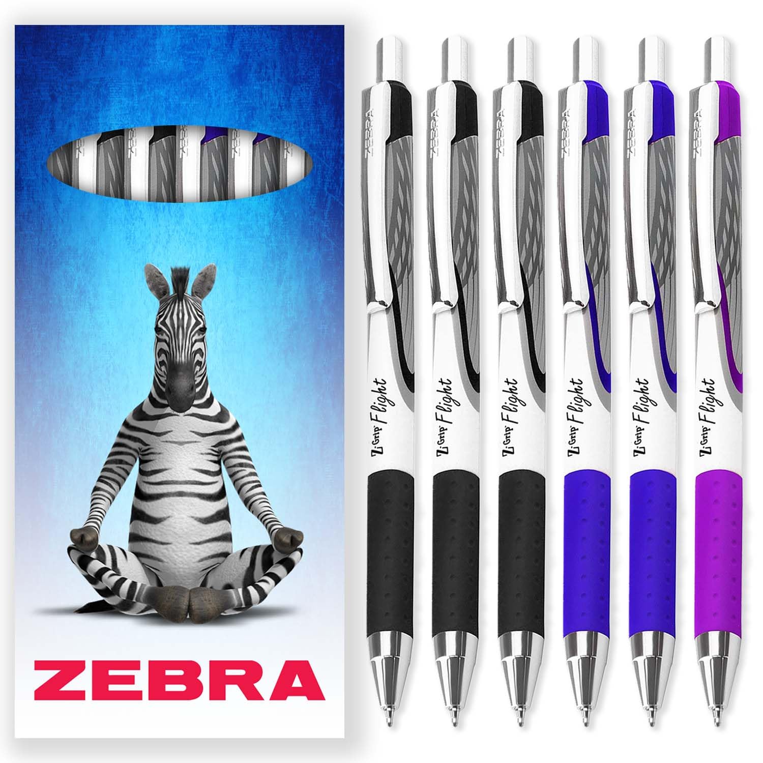 Zebra Classic Z-Grip Flight Ballpoint Pens - 1.2mm - Black, Blue, & Violet Ink - Teacher's Pack of 6 - In Envelope Gift Packaging