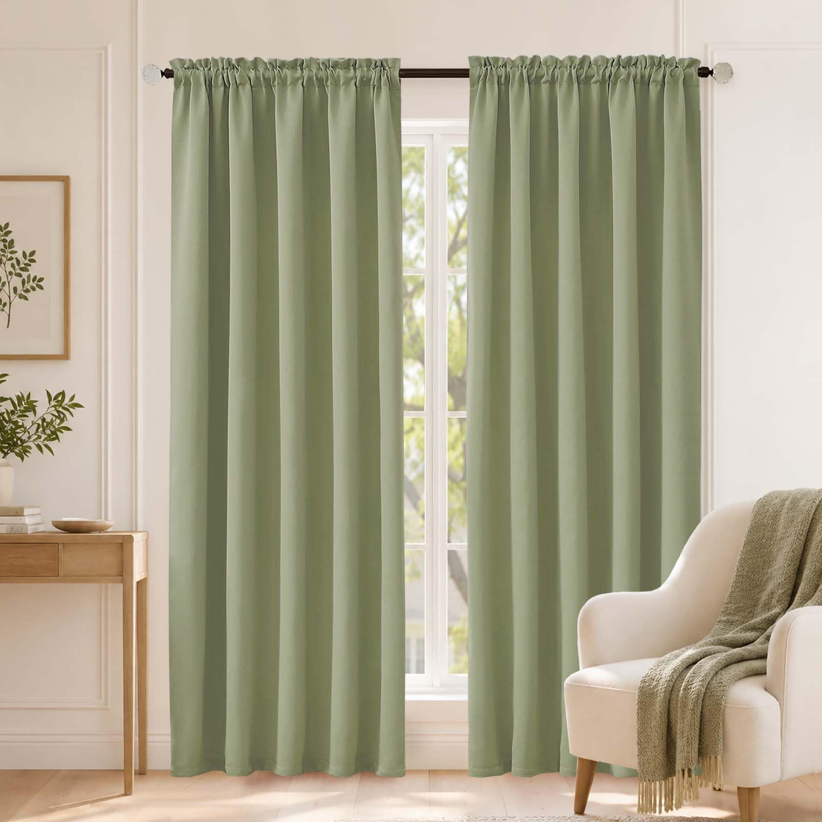 OVZME Sage Green Blackout Curtains for Bedroom 84 Inch Length 2 Panels, Soft Fabric Room Darkening Curtains for Living Room, Dual Rod Pocket Design Modern Window Treatment Drapes, 2x40Wx84L Inches