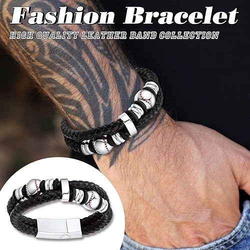 Miniatura 3 de Bestyle Mens Leather Bracelet with Stainless Steel BaseballSoccer Bead Bracelets for Men,Fashion Leather Bracelets for Men, Size 7.58.3Inch