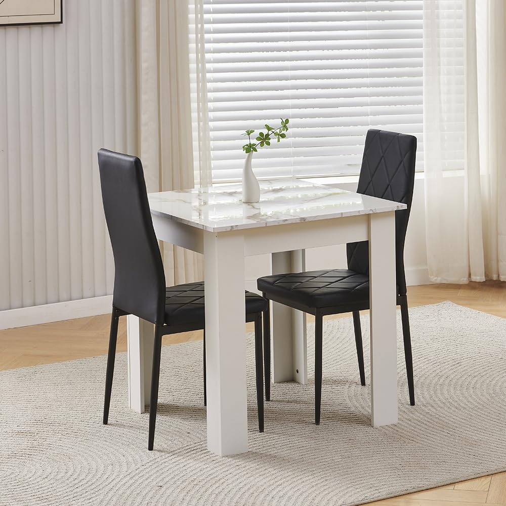 Menaka Small Square Wood Dining Table and Chairs Set of 4, 5 pieces Compact Kitchen Table with 4 Chairs Set Space-saving (2 black leather chairs, white marble table)