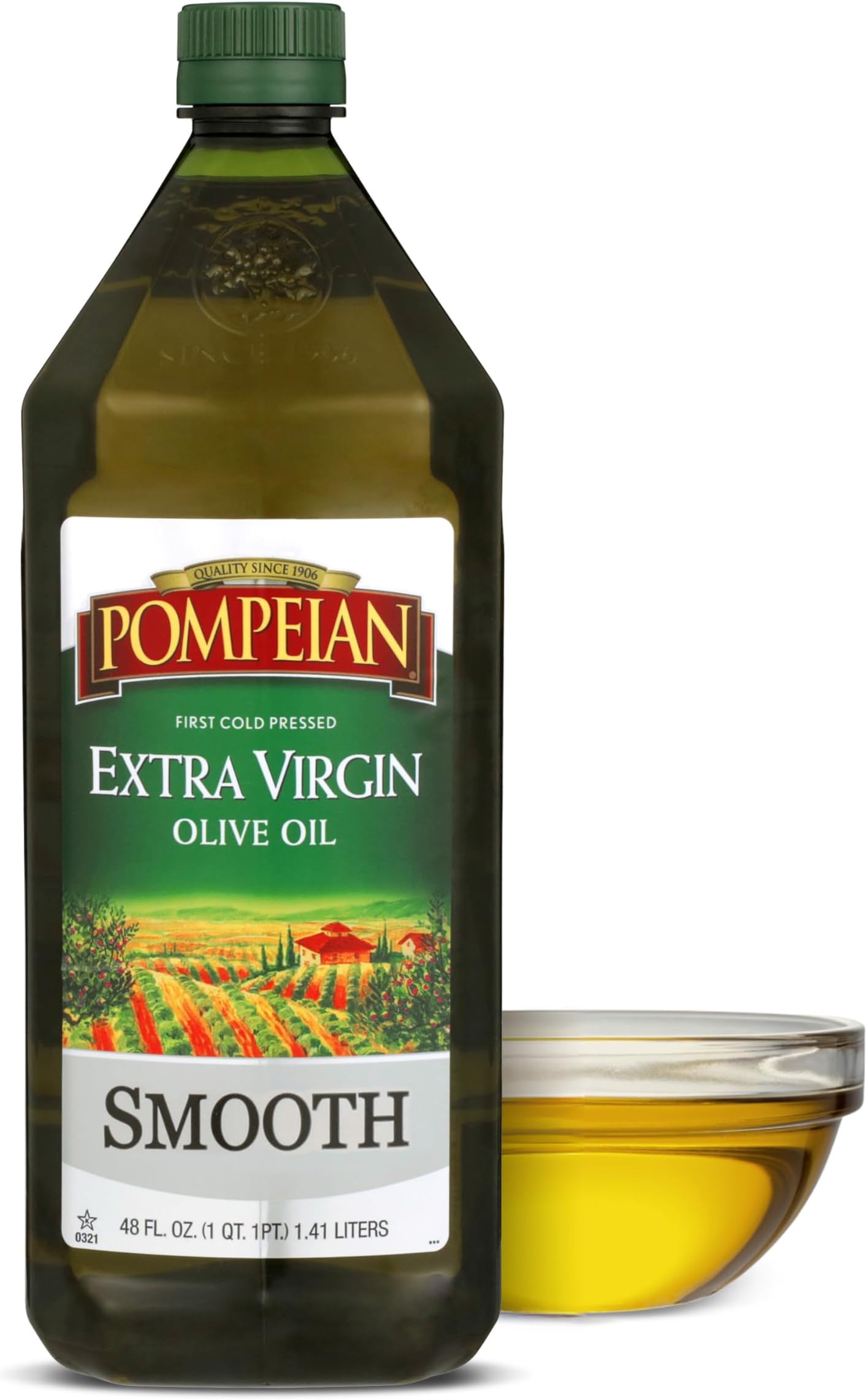 Pompeian Smooth Extra Virgin Olive Oil, First Cold Pressed, Mild and Delicate Flavor, Perfect for Sauteing and Stir-Frying, Naturally Gluten Free, Non-Allergenic, Non-GMO, 48 FL. OZ., Single Bottle