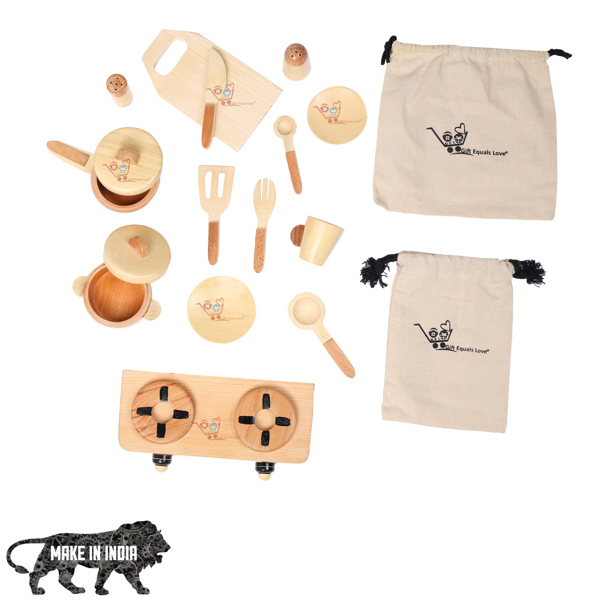 Gift Equals Love Wooden Kitchen Set Toy Natural Cooking Sets Pretend Play Toys for Little Boys and Girls and Kids Age 3+ (Premium)