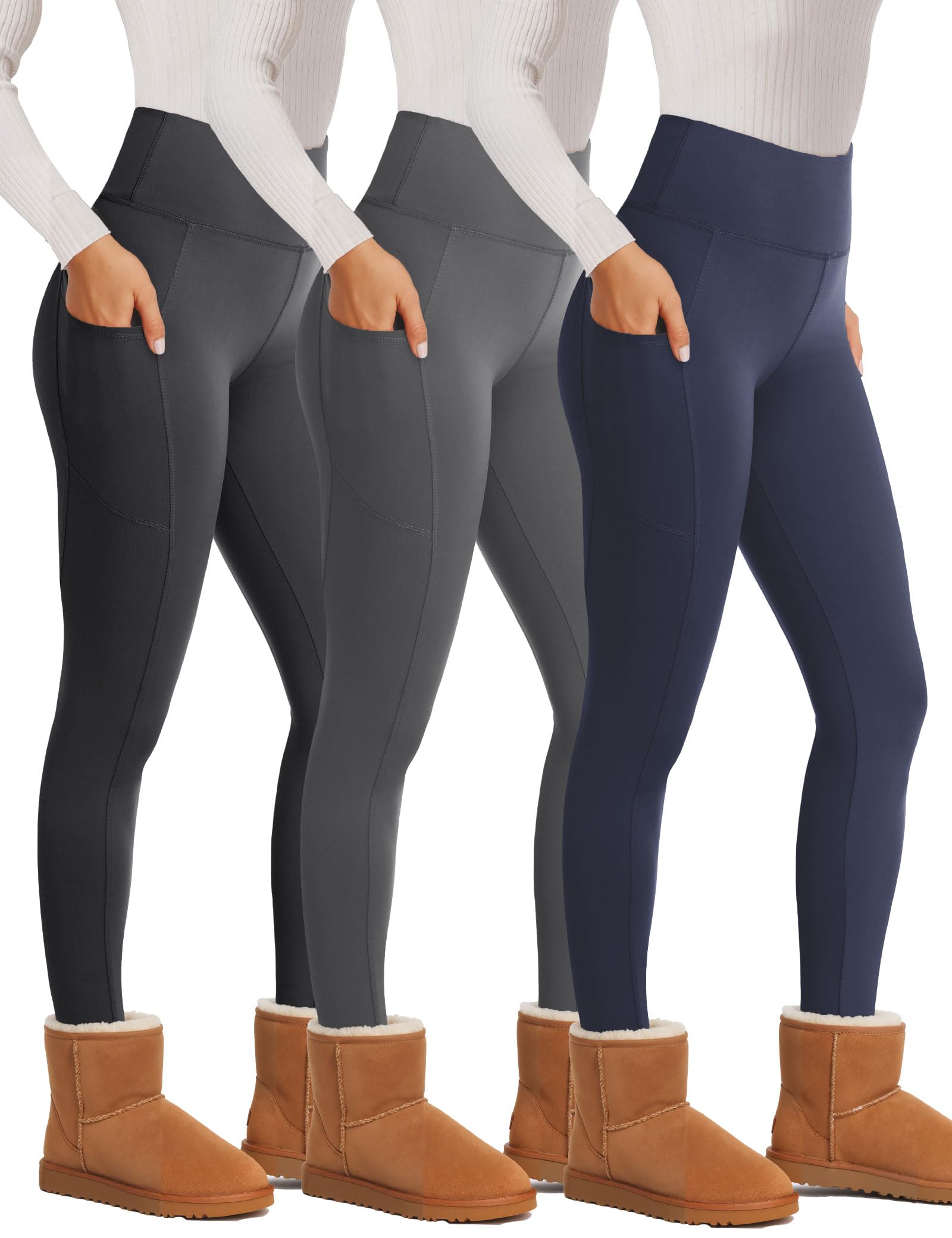 Showitty 3 Pack Fleece Lined Leggings Women with Pockets - Winter Warm Thermal Yoga Pants for Running Workout