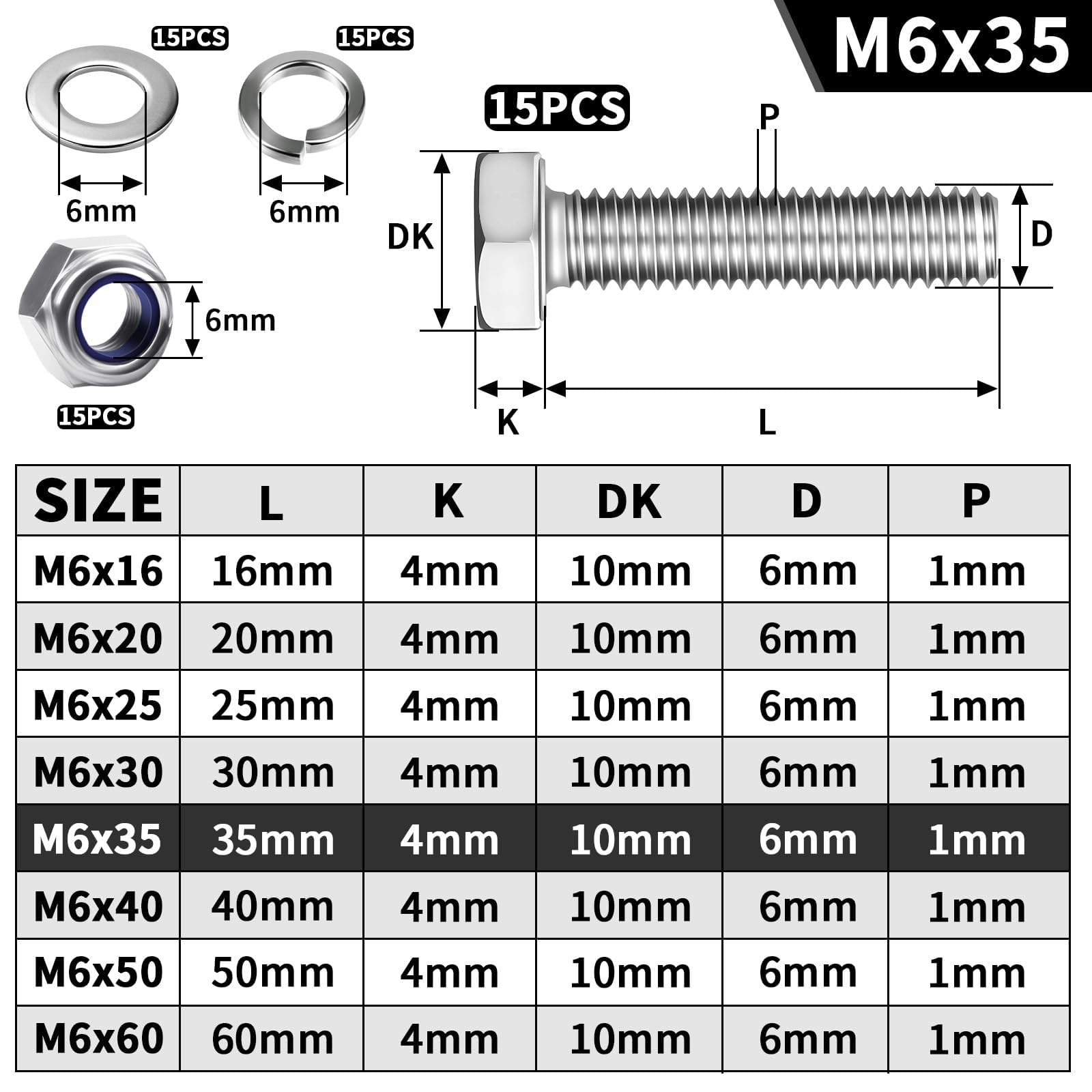 Mbsomnus 15 Pcs Hex Head Bolts and Nuts Set M6x35 mm Lock Nuts 304 Stainless Steel Bolts DIN 933 Machine Screws with Nylon Nut Flat Lock Washers for Furniture Machinery Car Bike Ship 3D Printing - Image 2