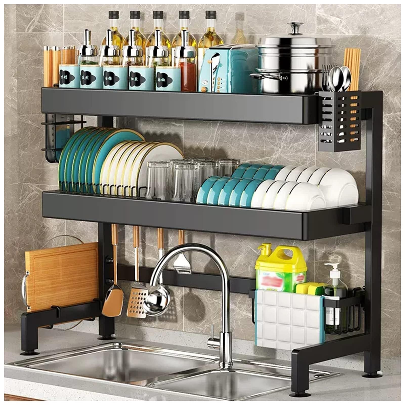 Sto Solut - Scolapiatti da lavello a 2 livelli, in acciaio inox, multifunzione, 65 x 78 x 27 cm, per cucina salvaspazio