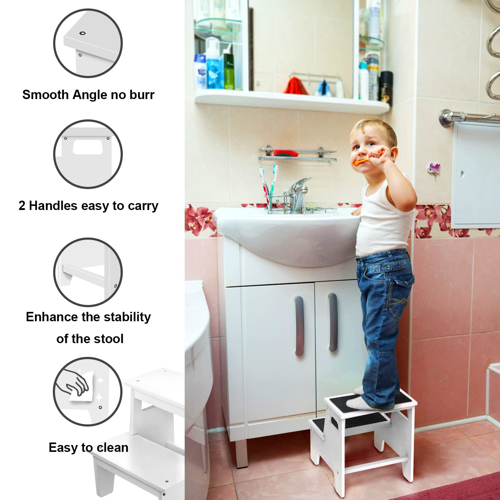 BAMGROW Kids Step Stools for Toddlers Bathroom Wood Toddler Step Stool Kitchen Counter Sink Baby Stepstools Bamboo Wooden Foot Bed Stool for Child Potty Training Toilet Stool Stepping Stool, White