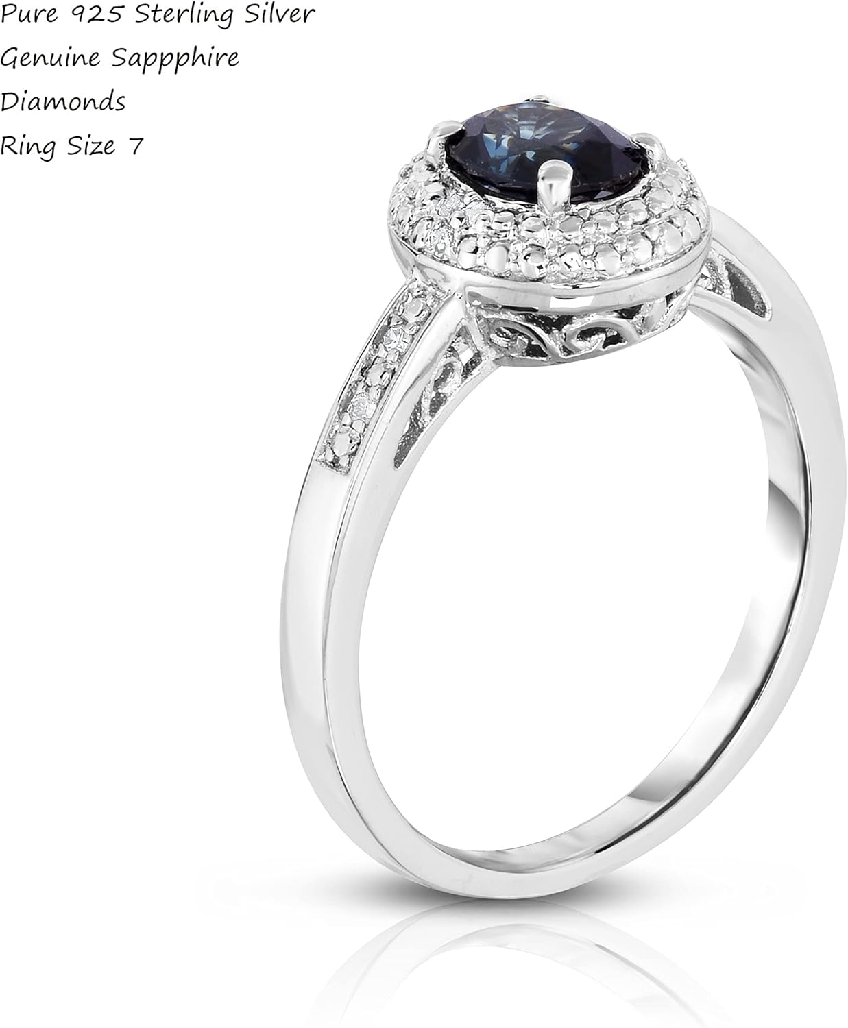 925 Sterling Silver Genuine Sapphire 7x5 mm Oval Diamond Ring, Size 7 - Image 2