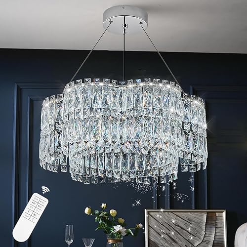 Poemoon Moderno candelabro LED de cristal de 24 pulgadas con control remoto, regulable de 3000 a 6500 K, lámparas de lujo contemporáneas, lámpara