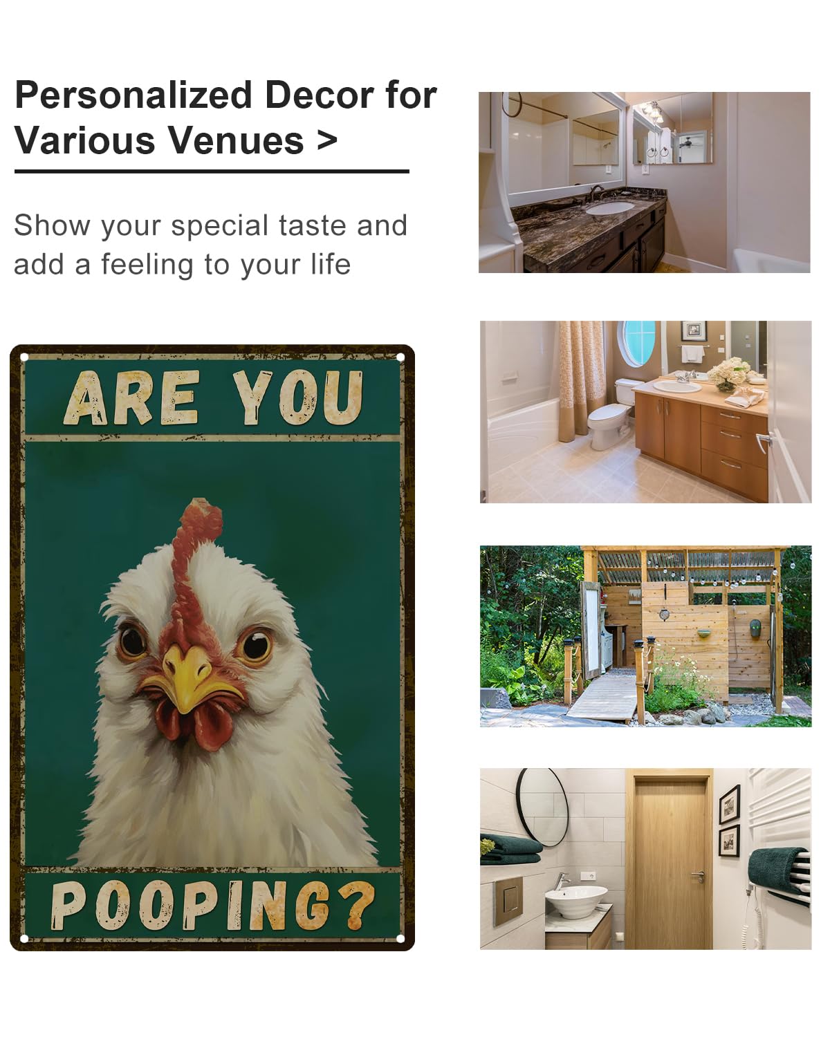 ALKB Cartel de metal con texto en inglés "Chicken Are You Pooping" para decoración de baño, 20,3 x 30,5 cm | Divertido diseño de gallo de granja para el humor del baño