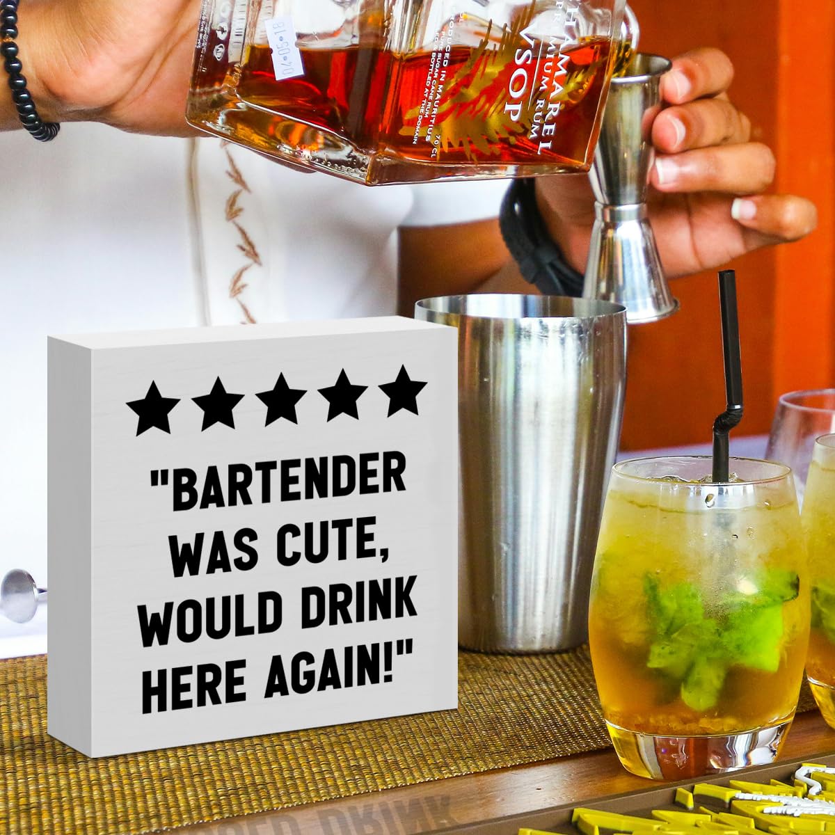 Funny Bartender Gifts for Women Men, Bartender Mixologist Christmas Birthday Gift Rustic Home Bar Cart Table Decor Wooden Sign, Bar Decorations for Home, Was Cute Would Drink Here Again, 5 x 5 Inch