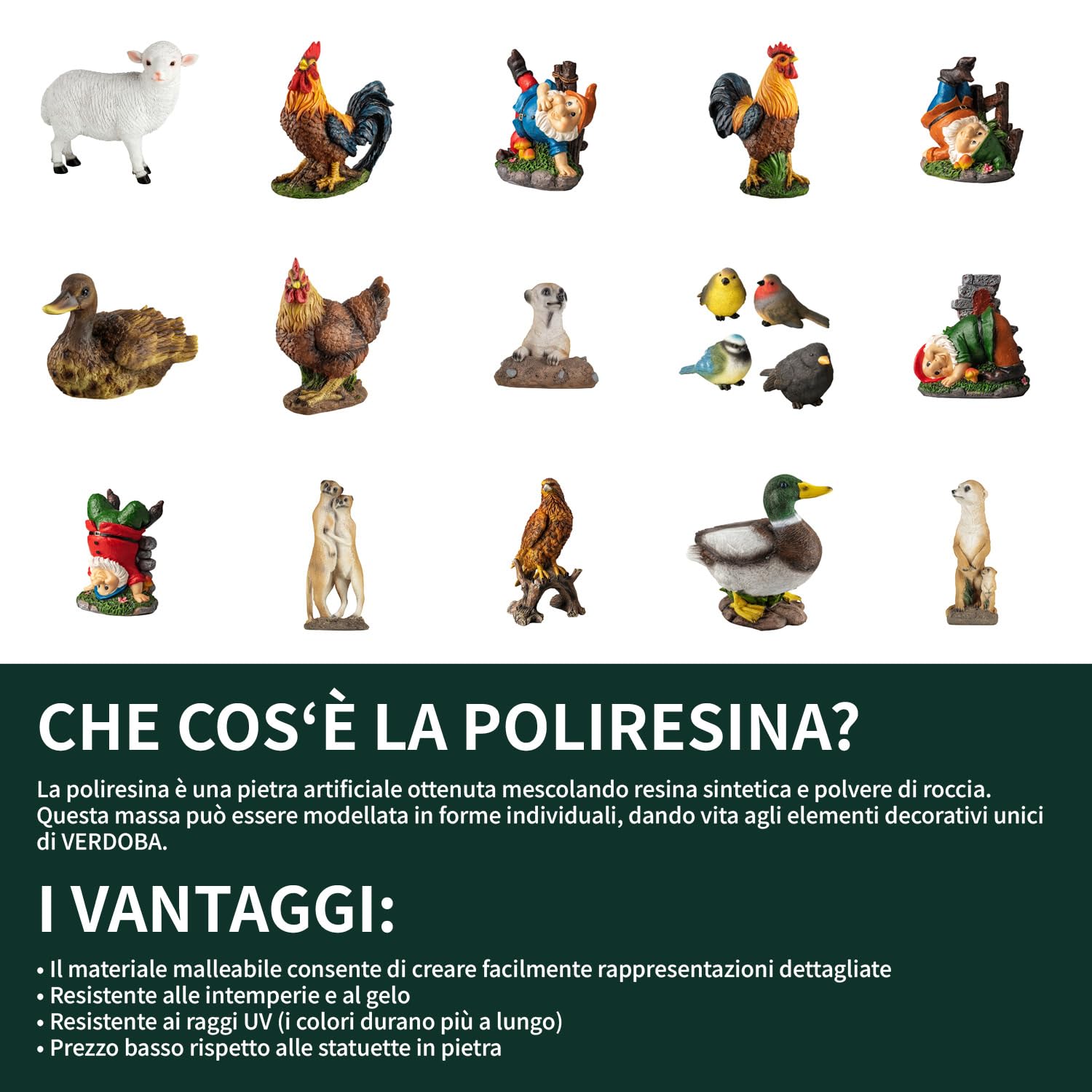 VERDOBA - Decorazione da giardino 4 Uccelli - Figure decorative in resina sintetica (poliresina) per balcone, giardino, giardinaggio invernale, laghetto - decorazione da giardino