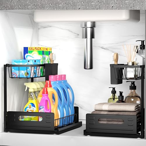 SPACEKEEPER Organizador para debajo del fregadero, 2 niveles deslizantes debajo del fregadero del baño, organizador de gabinete extraíble de