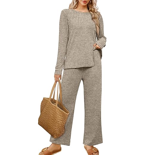 Womens Pajama Sets With Pockets Lounge Two Piece Outfits Sweater Sets Khaki S