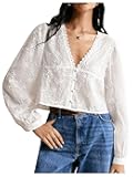 SHENHE Women's Floral Embroidered Long Sleeve Button Crop Blouse Sheer Dressy Top Shirt