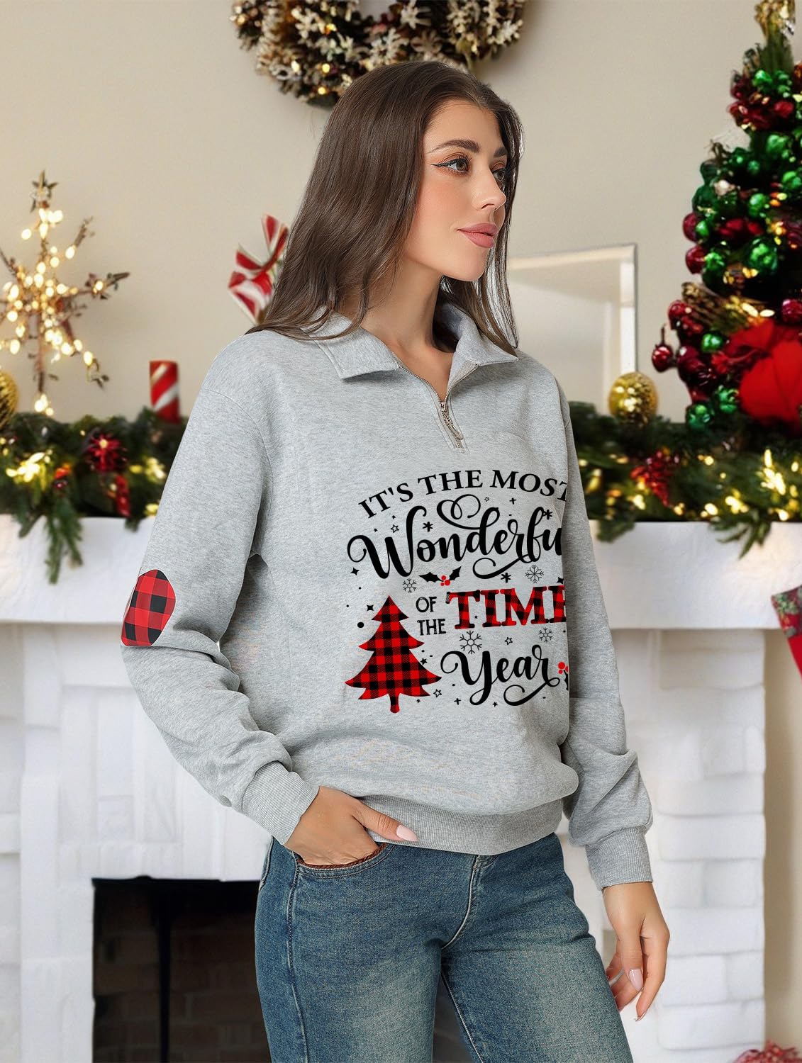 Glimnerize Christmas Womens Tops Sweatshirt Gnome 1/4 Zip Standing Collar Funny Graphic Christmas Jumper Hoodie Grey-A1 L - Image 3