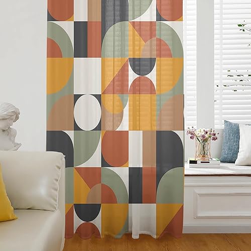 Miniatura 3 de Yellow Orange Teal Grey Sheer Curtains Drapes Window Treatment Middle Century Modern Geometric Rod Pocket Voile Kitchen Window Curtain Panels Semi