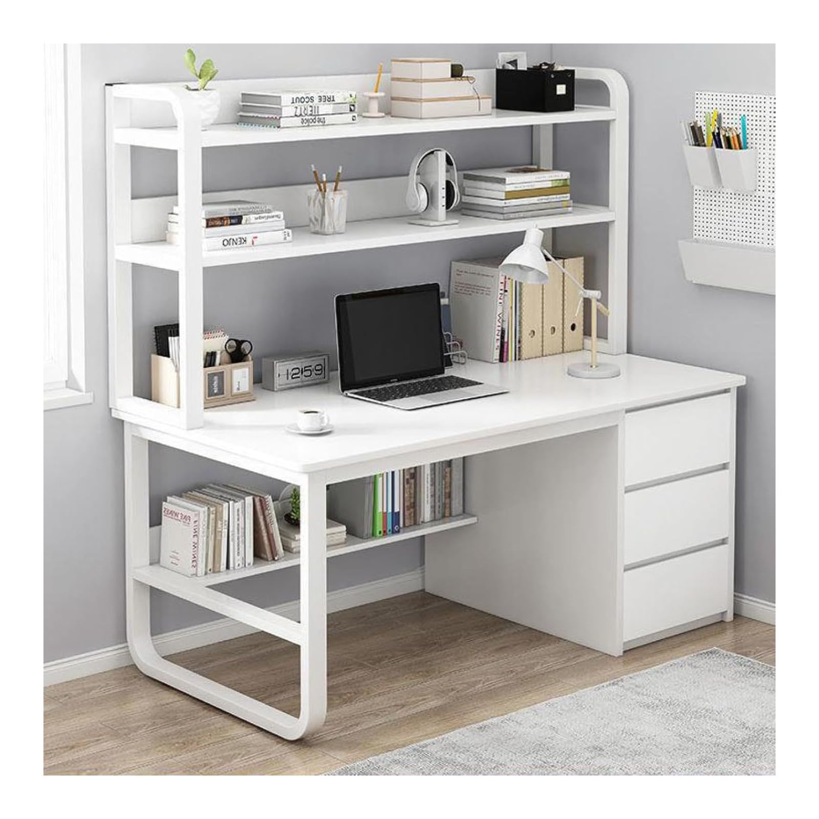 Wdsopk White Computer Desk Home Office Desk Computer Desk With 3 Drawers And Storage Shelves, Bookshelf Workstation For Study Play Work Bedroom Home Office（-100Cm）