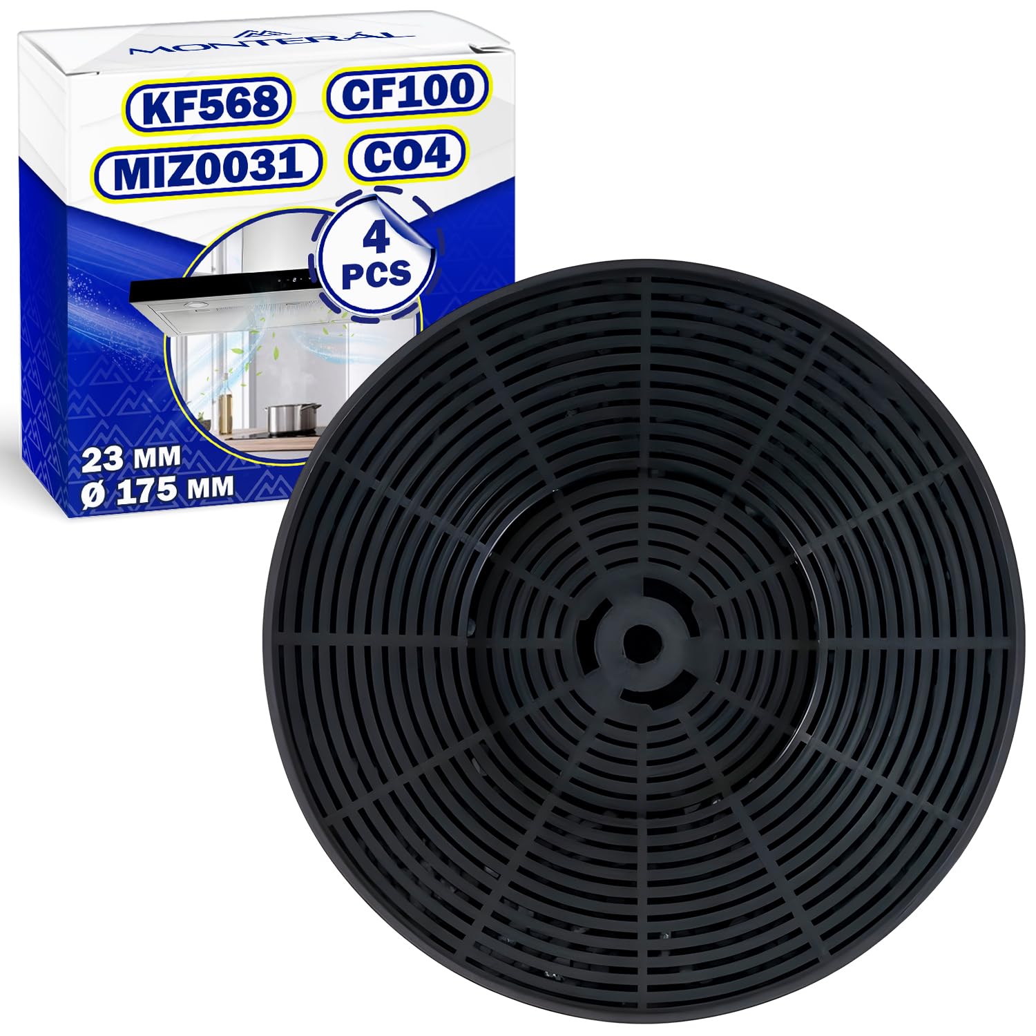4 Pièces Filtre Charbon Hotte Aspirante Ø 175 mm 23 mm avec le Code Original MIZ0031 pour Respekta KF568 pour Bomann CF100 pour Exquisit CO4 pour PKM - MONTERAL