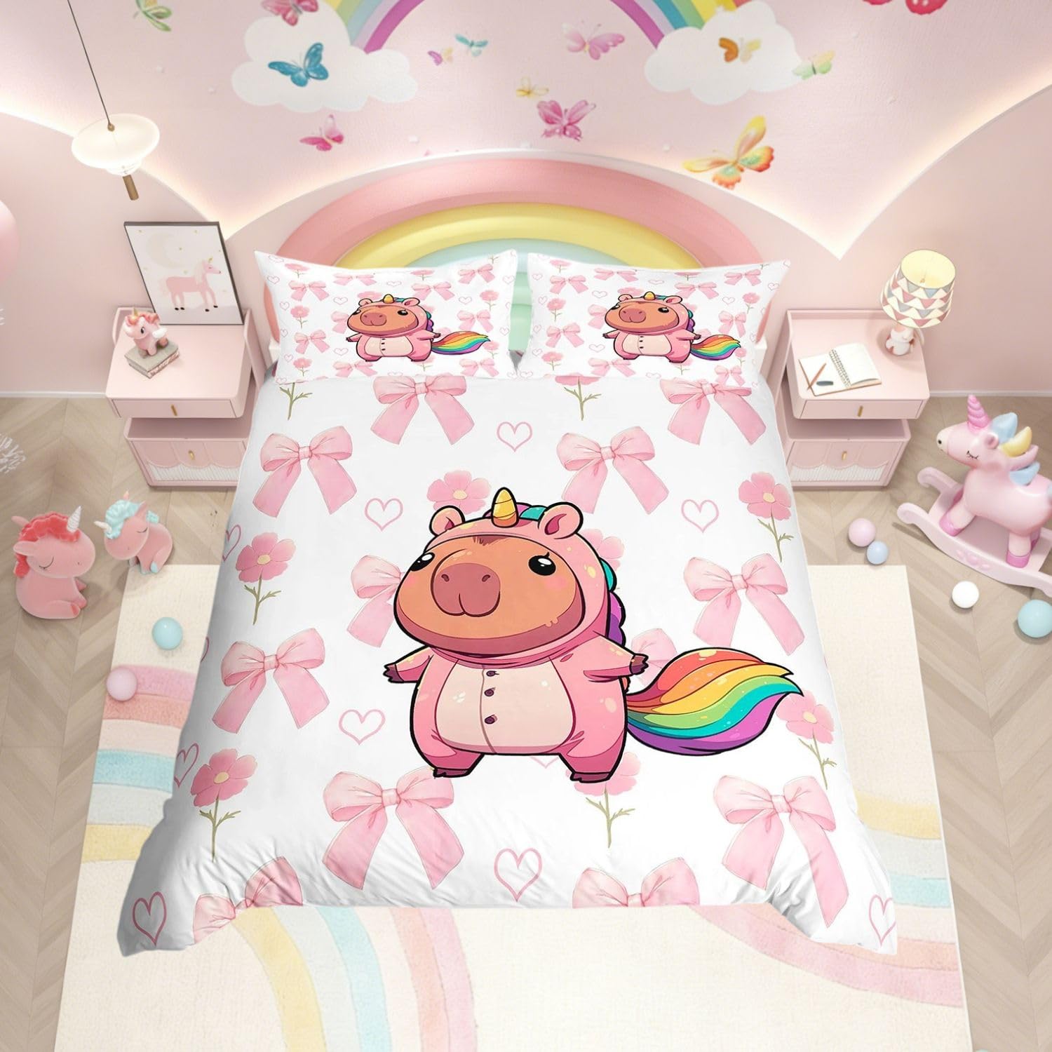 Homewish Kids Unicorn Capybara Duvet Cover Girls Pink Bow King Bedding Set - Cartoon Capybara Animal Quilt Cover Princess Style Cute Bowknot Floral Bed Set with Pink Reverse - 2 Pillowcases