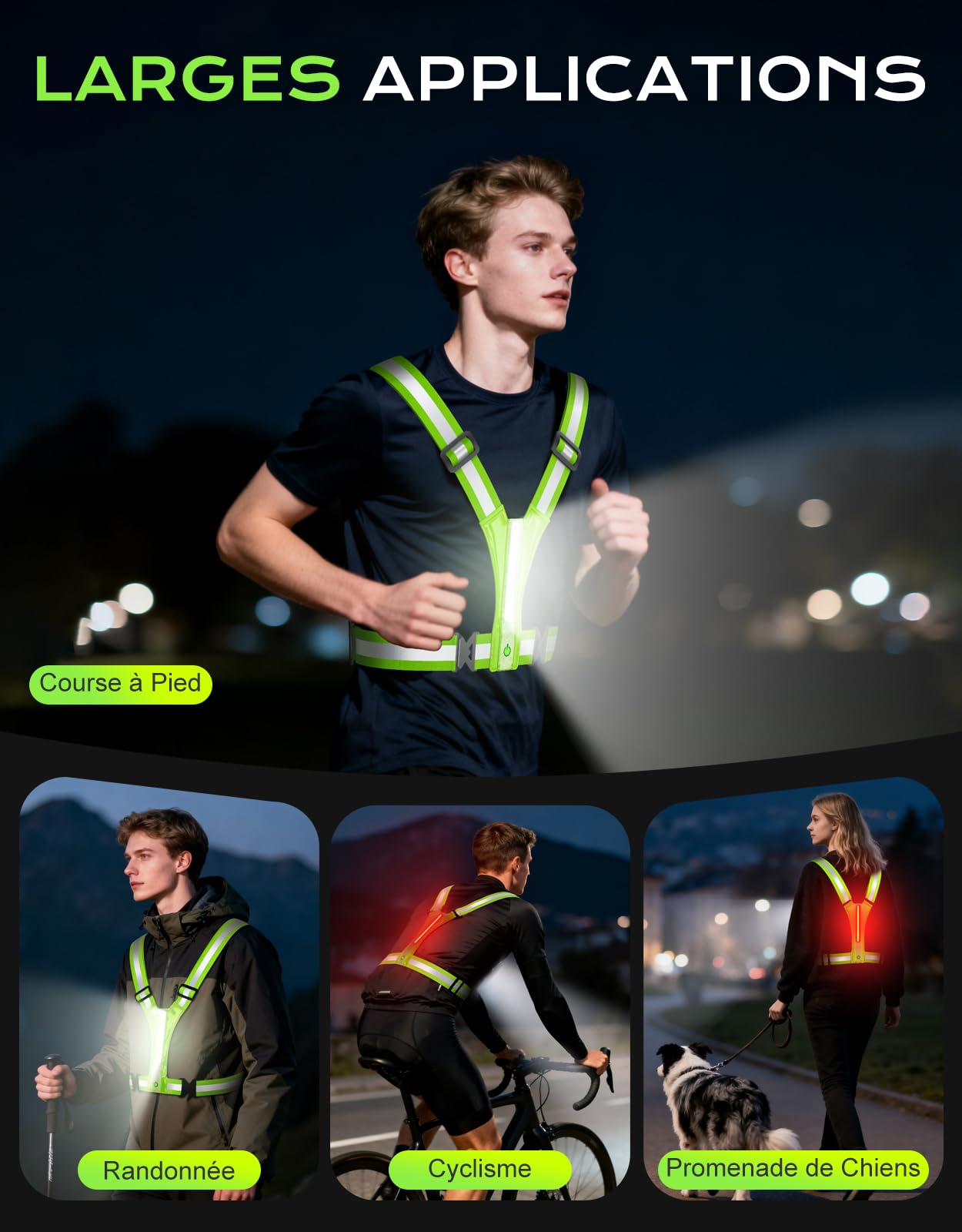 Glangeh Gilet Reflechissant Running Super Lumineux, Lampe Running Pectorale 360°Visible, Alternative au Lampe Frontale, Ajustable Gilet de Sécurité pour Adulte, Course/Cyclisme/Jogging Nocturne