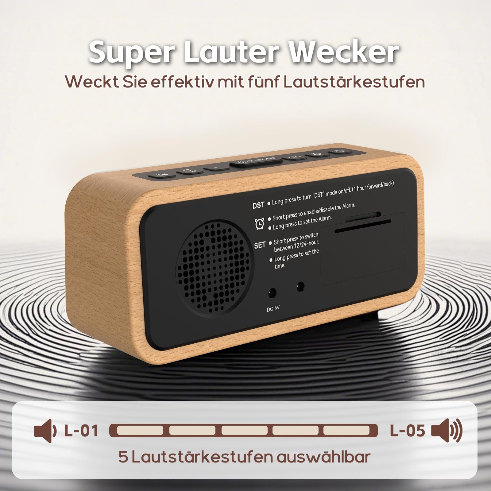 Despertador fuerte para dormir profundo, reloj despertador de madera con pantalla LED, 12 tonos de alarma, 5 niveles de brillo ajustables, 5 volúmenes, DST manual, despertador retro para dormitorio