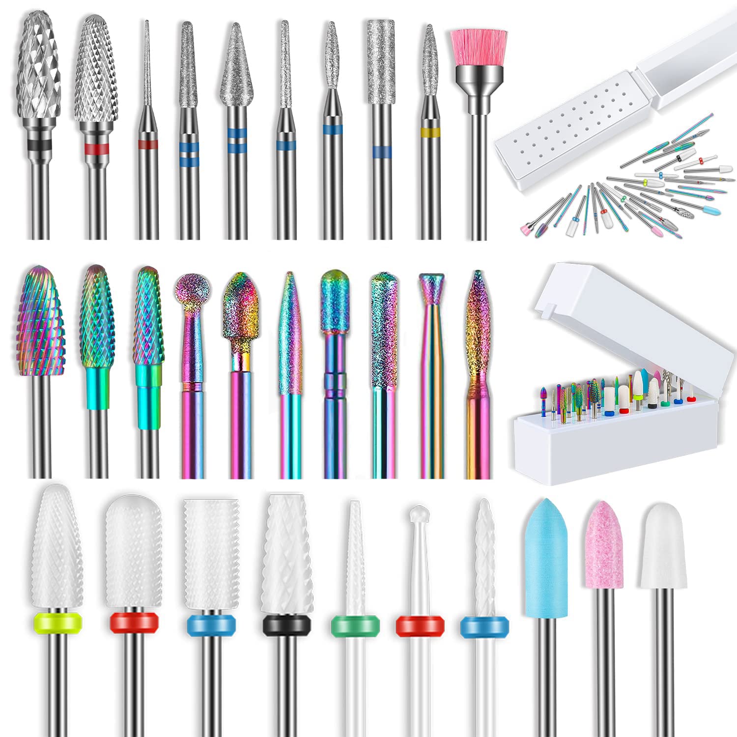 30Pcs Nail Drill Bits Set with 30 Holes Holder, 3/32 Inch 12Pcs Tungsten Carbide Bits& 7Pcs Diamond Carbide Drill Bits for Nails&7Pcs Ceramic Nail Bits&2Pcs Quartz Pointed Nail Bits for Nail Drill