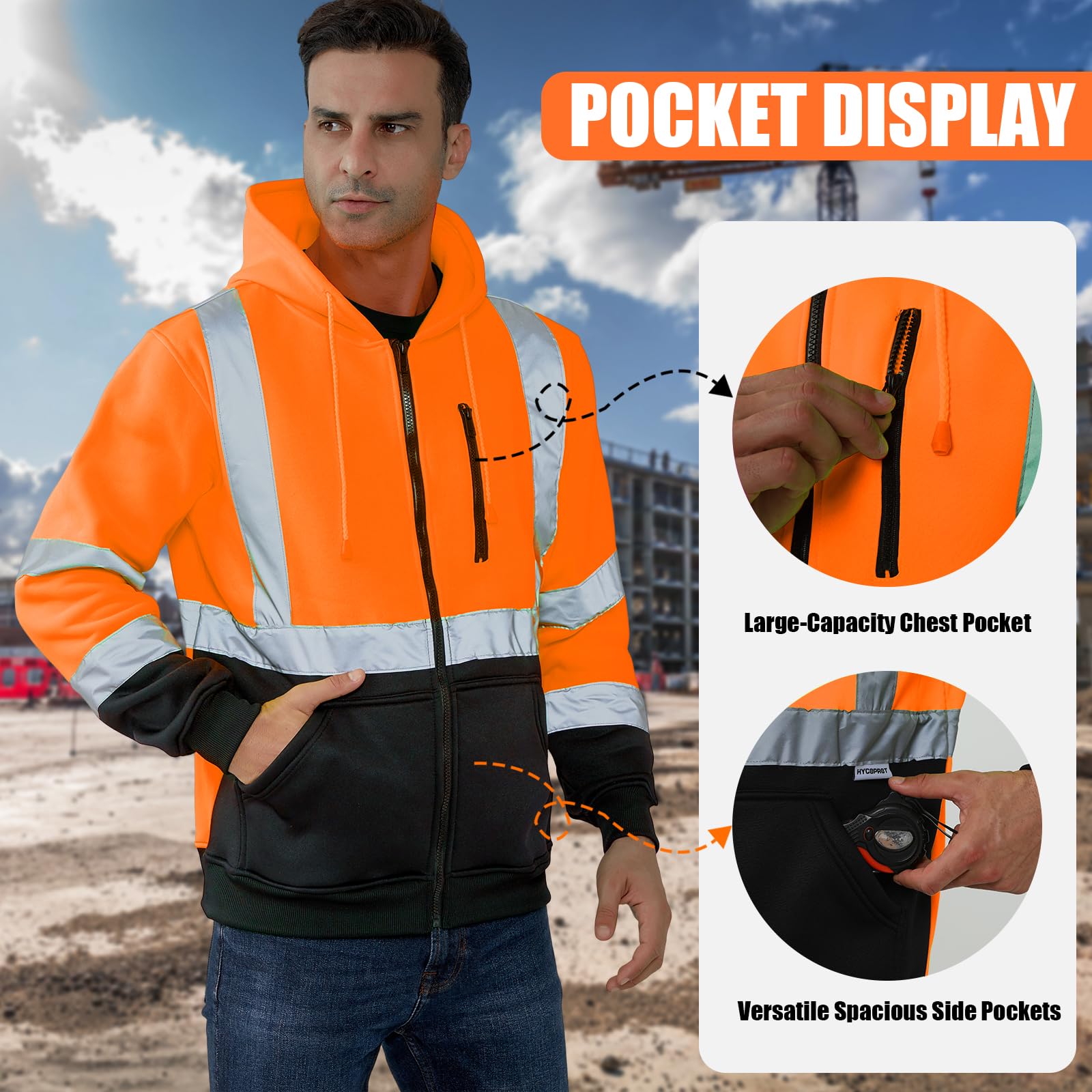 HYCOPROT Felpa ad Alta visibilità per Uomo Hi Vis Viz Felpa con Cappuccio di Sicurezza Felpa Leggera Giacca da Lavoro Riflettente Tasche Cappotto di Sicurezza con Cerniera e Coulisse EN ISO 20471