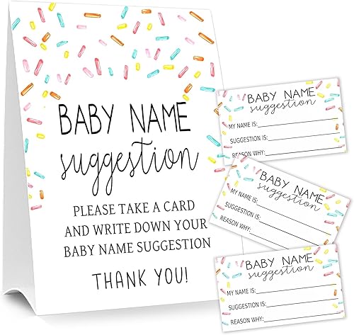 Baby Shower Games - Letrero de sugerencia de nombre de bebé, cartel de papel kraft de 5 x 7 pulgadas y 50 tarjetas de sugerencia de nombre, revelar