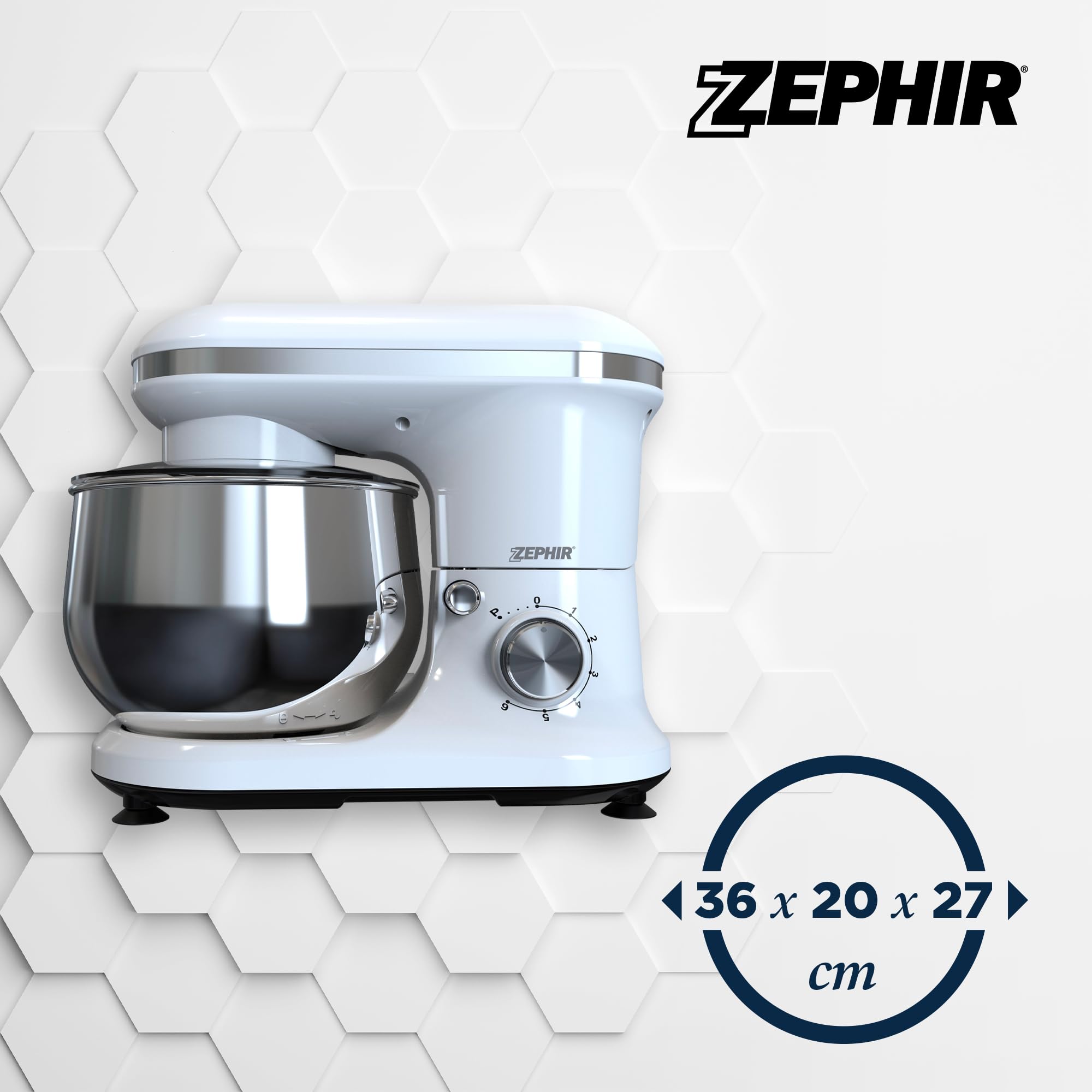 Zephir Impastatrice Deluxe 1000W con Ciotola in Acciaio 5,0L, 6 Velocità + Pulse, Accessori Inclusi, Ingranaggi in Acciaio, Corpo in ABS