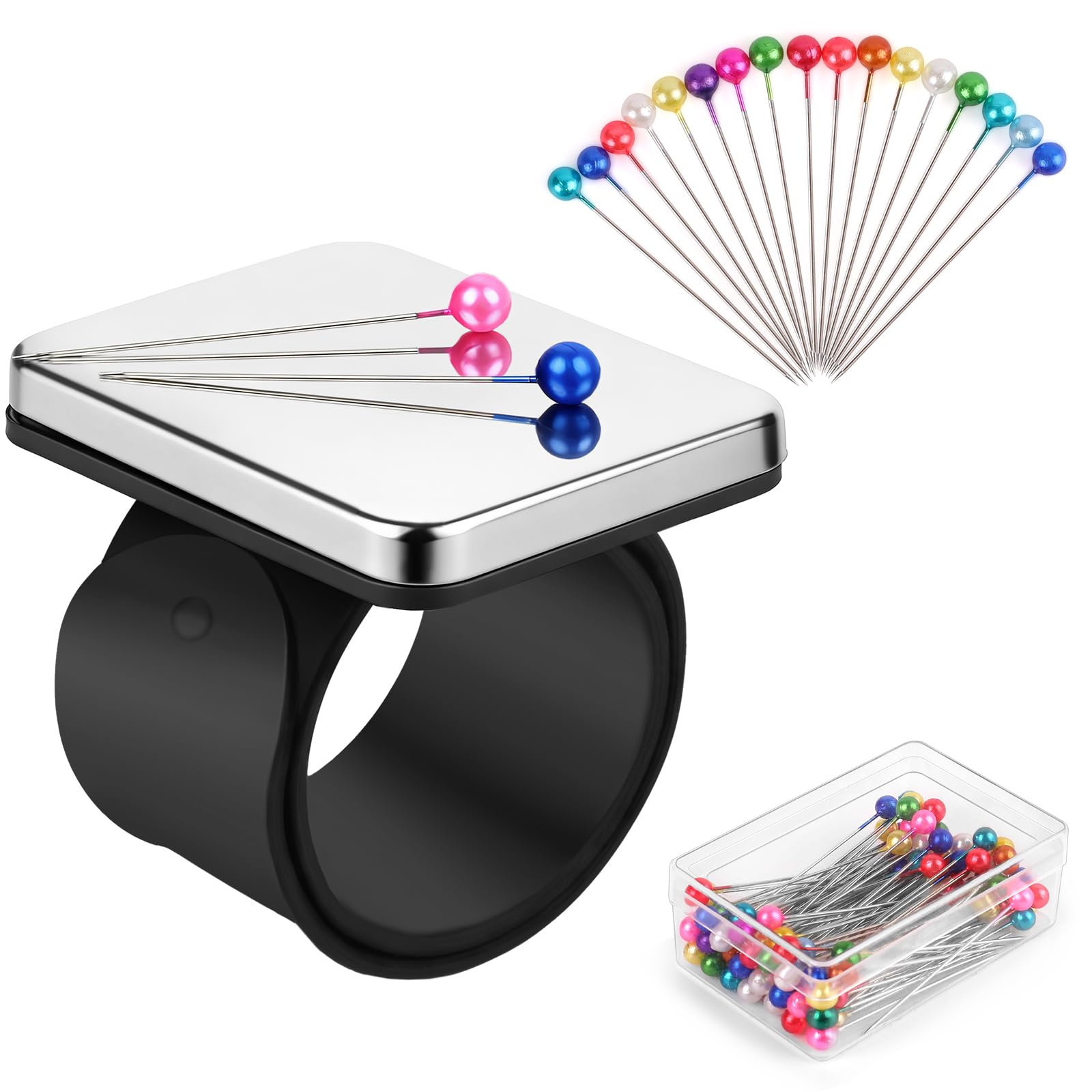 Magnetic Pincushion Wristband Black 9.5" with 100 Pcs 1.5 Inch Colorful Ball Head Sewing Pins Set, Magnetic Pin Cushion Wrist Holder for Sewing, Silicone Wrist Pin Holder for Quilting and Braiding