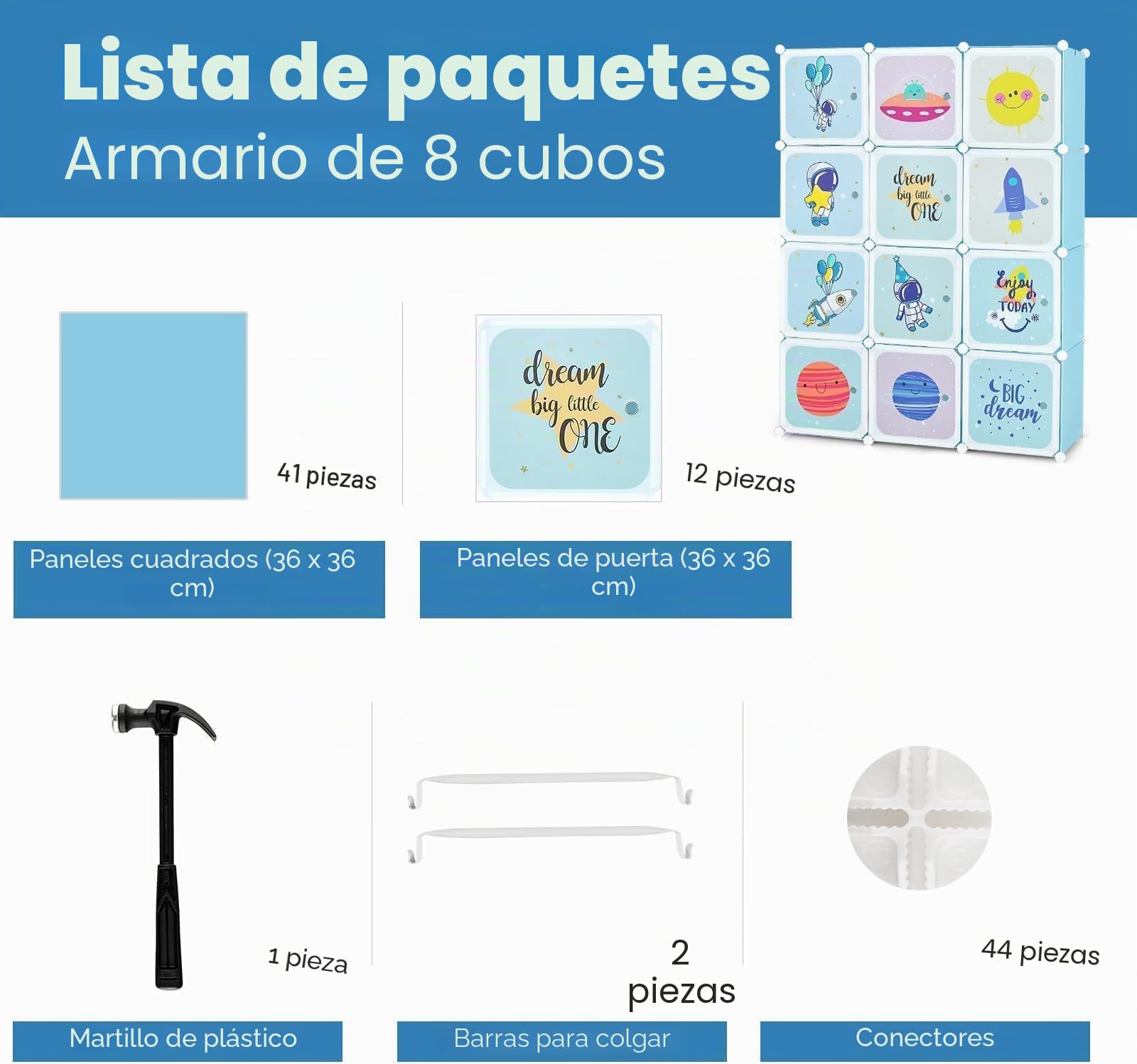 RELAX4LIFE Armadio Modulare a 8/12 Cubi per Bambini con 2 Barre Appendiabiti, 8/12 Ante, Mobile Salvaspazio per Cameretta e Asilo Nido, Portata di Ogni Cubo 10 KG (Azul,Universo-12 Cubos)