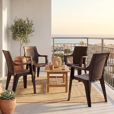 Sweden Plastic Chair with Armrest | Pack of 4 | Strong & Durable | Modern Woven Back Design | Indoor & Outdoor Use | Living Room, Balcony, Garden Seating | Rust Brown | 3 Year Warranty
