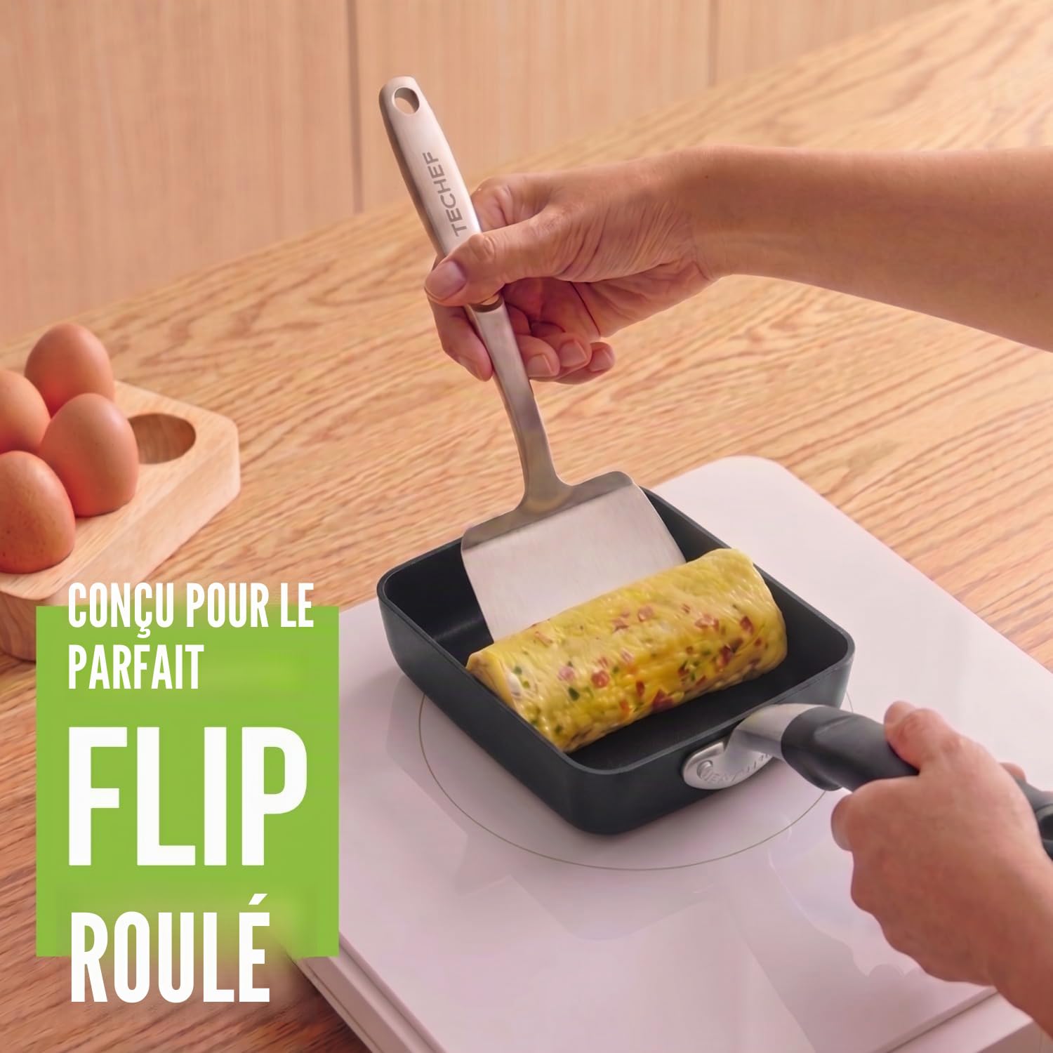 TECHEF - Tamagoyaki Poêle à omelettes japonaises / poêle à œufs, sans PFOA, passe au lave-vaisselle, prête à induction, fabriquée en Corée (noir/moyen)