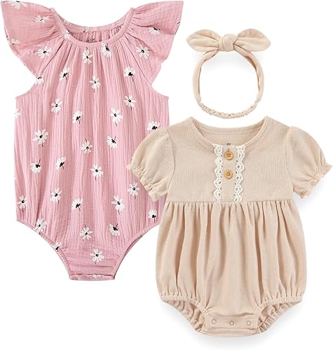 BIGBIGKISS Baby Girl Bodysuit and Headband Outfit Cotton Ruffle Sleeveless Baby 