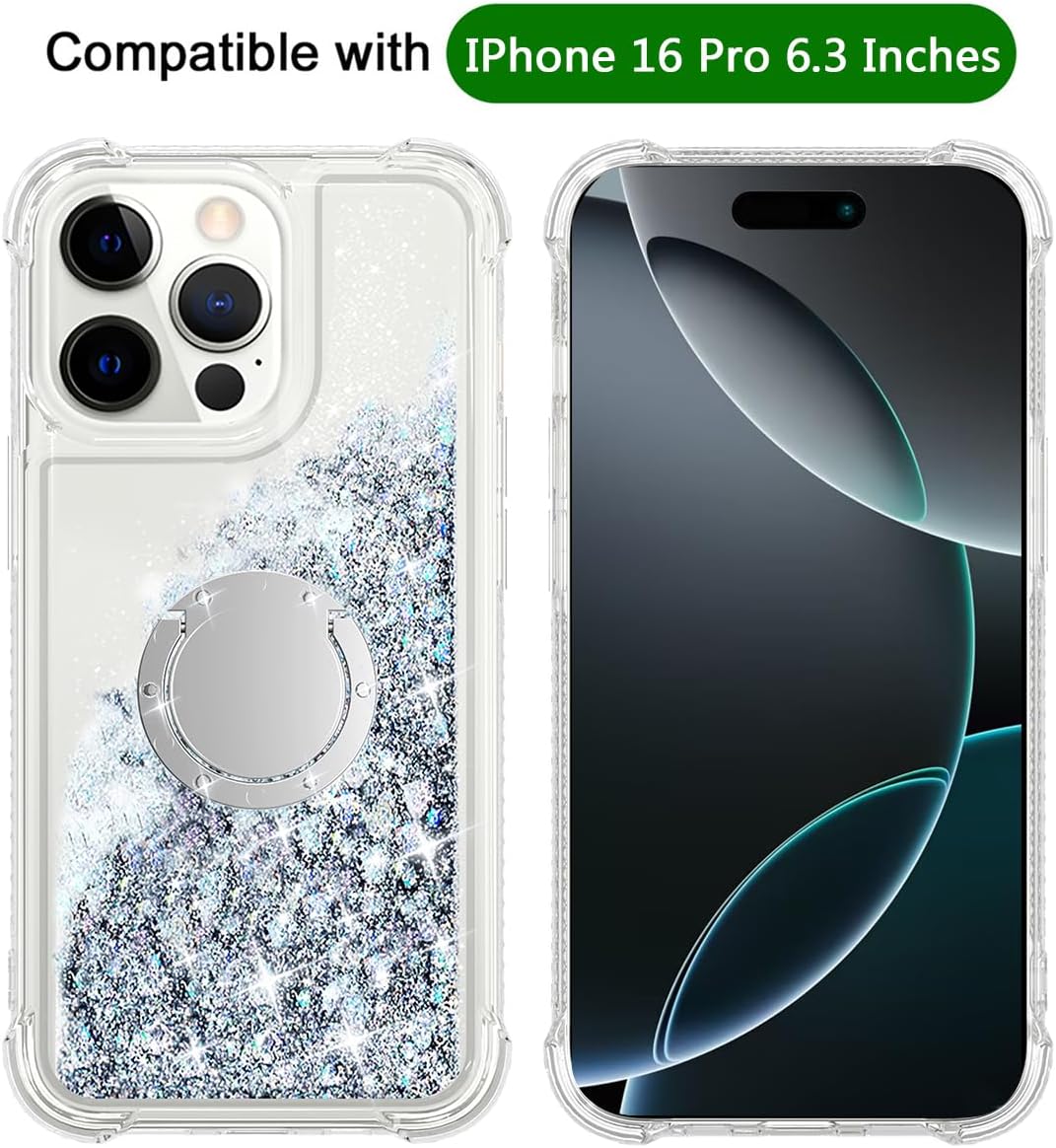 for iPhone 16 pro Case,Bling Moving Liquid Floating Sparkle Colorful Glitter Waterfall TPU Protective Case with Ring Kickstand 6.3", Silver - Image 2