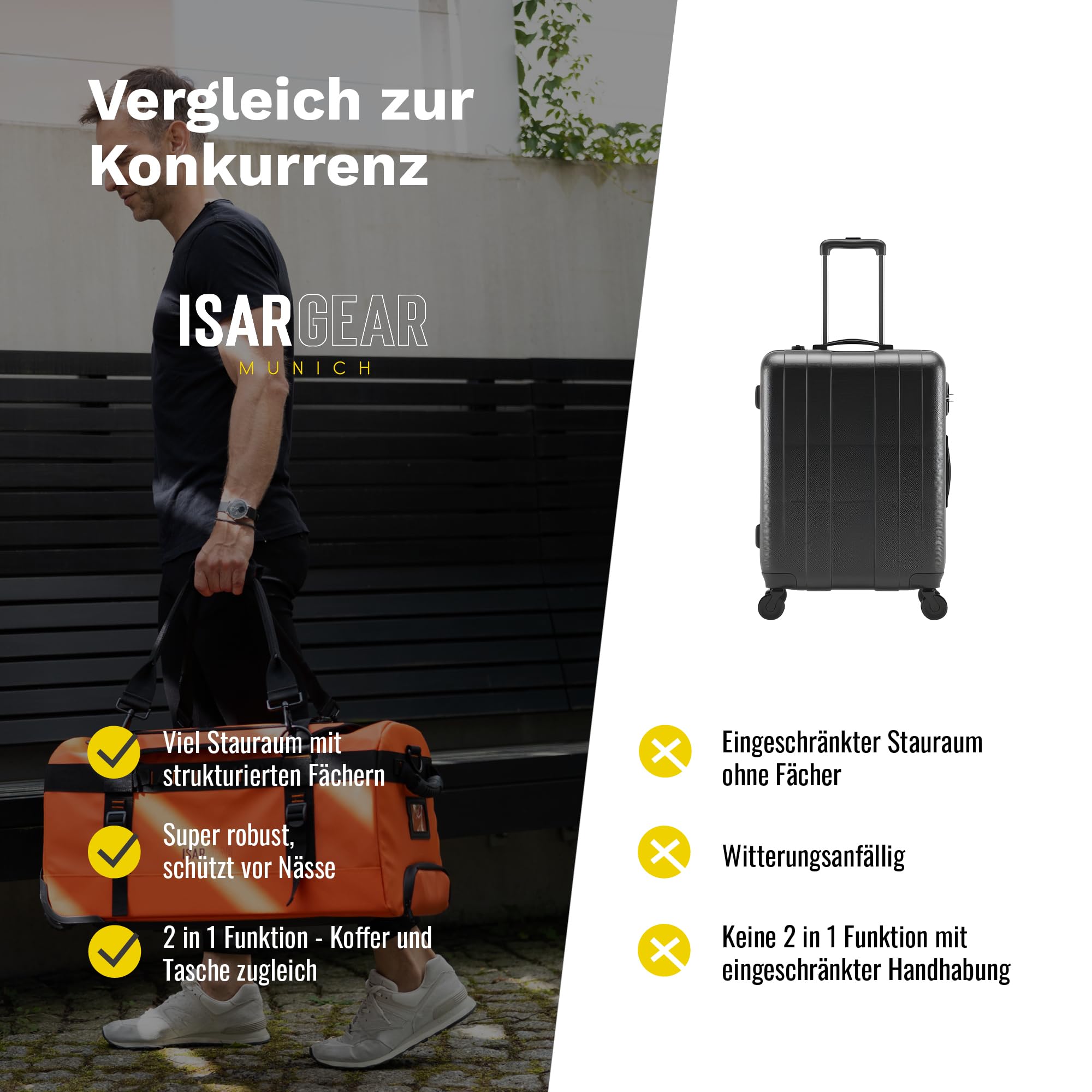 Isar Gear® Reisetasche mit Rollen 60 Liter - Outdoor Travel Bag (Schwarz) aus wetterfestem Material - Großer Reisekoffer mit Rollen, Sporttasche mit Rollen, Duffle Bag - Trolley (Koffertasche)