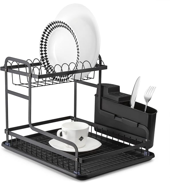QIWODE 2 Tier Dish Drainer with Cutlery Holder, Premium Black Dish Plate Drying Rack with Drip Tray for Kitchen Organiser