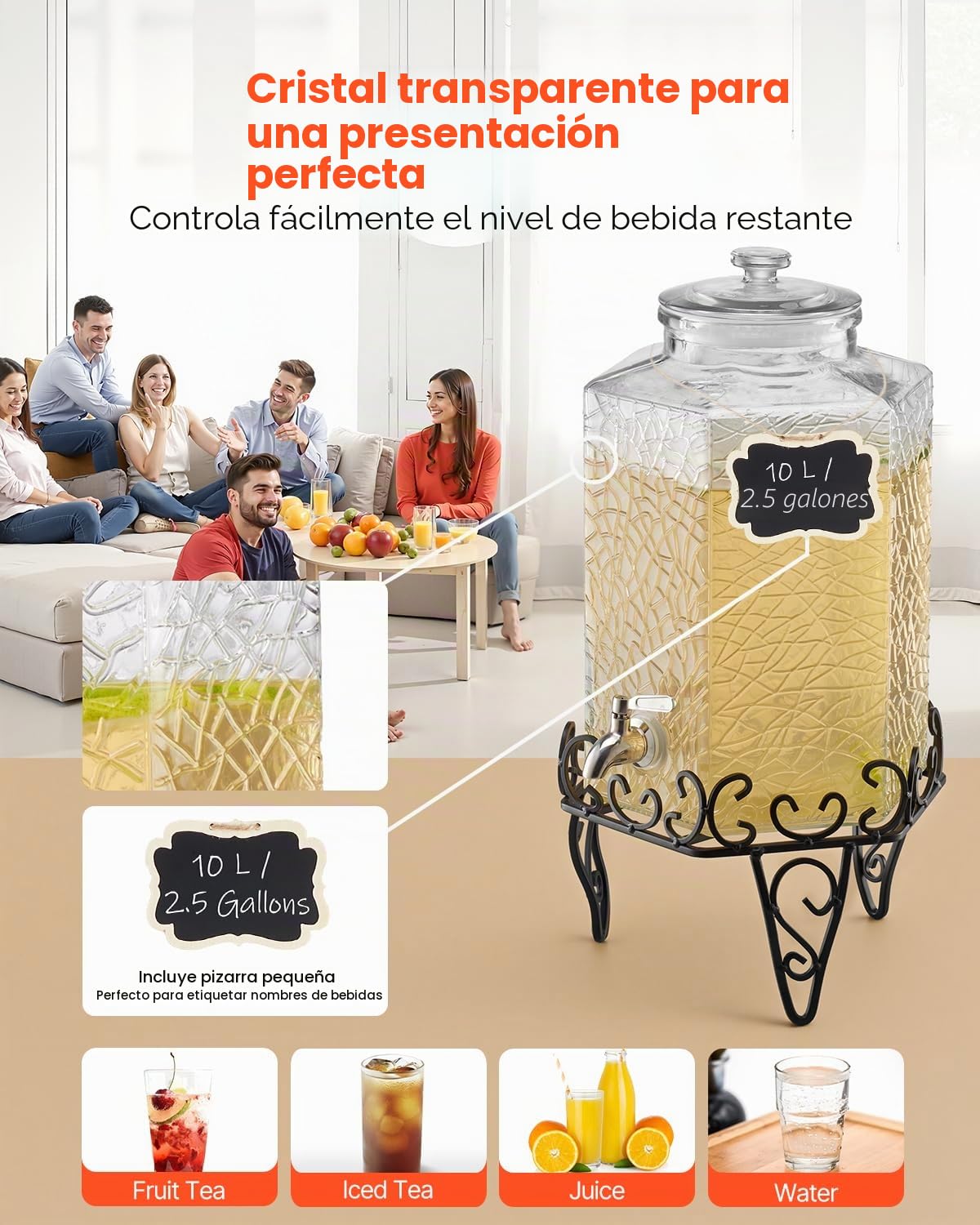 VEVOR Dispensador de Bebidas 10 L para Fiestas, Dispensador de Zumo de Cristal con Soporte Metálico y Grifo de Acero Inoxidable, Ideal para Té Helado, Limonada, Zumo y Agua, 400 x 210 x 210 mm