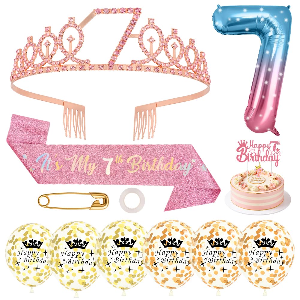 AYBUY Birthday Decorations, 7th Birthday Sash and Tiara Set with Candles, Cake Topper, Number 7 Balloon and Happy Birthdays Balloons, Rhinestone Crown Headband Set for 7th Birthdays Gifts