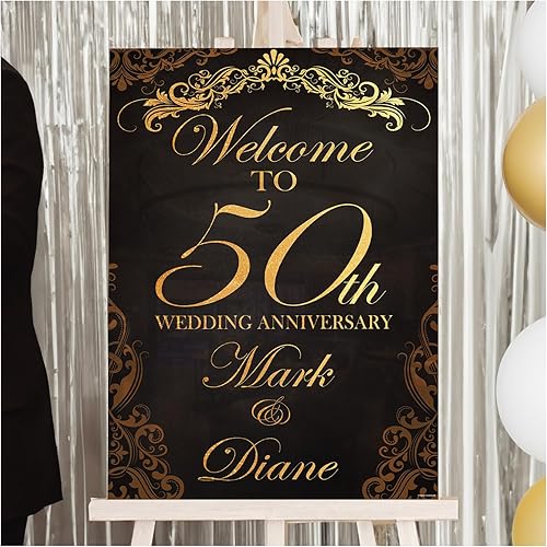 SPEEDYORDERS Cartel de aniversario de boda número 50, letrero de aniversario dorado personalizado, póster de fiesta de aniversario de matrimonio