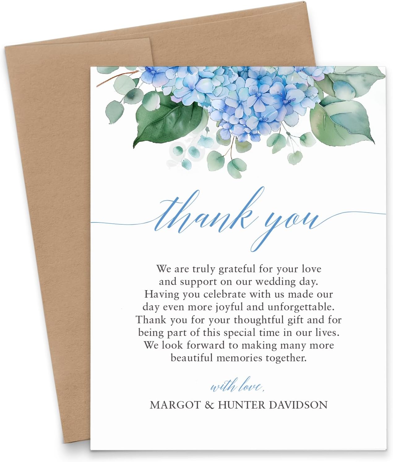 Blue Hydrangea Thank You Cards For Wedding Pre Written, FLAT Personalized Thank You Cards With Hydrangeas, Elegant Floral Thank You Notes From Mr and Mrs, Your Choice of Quantity and Envelope Color